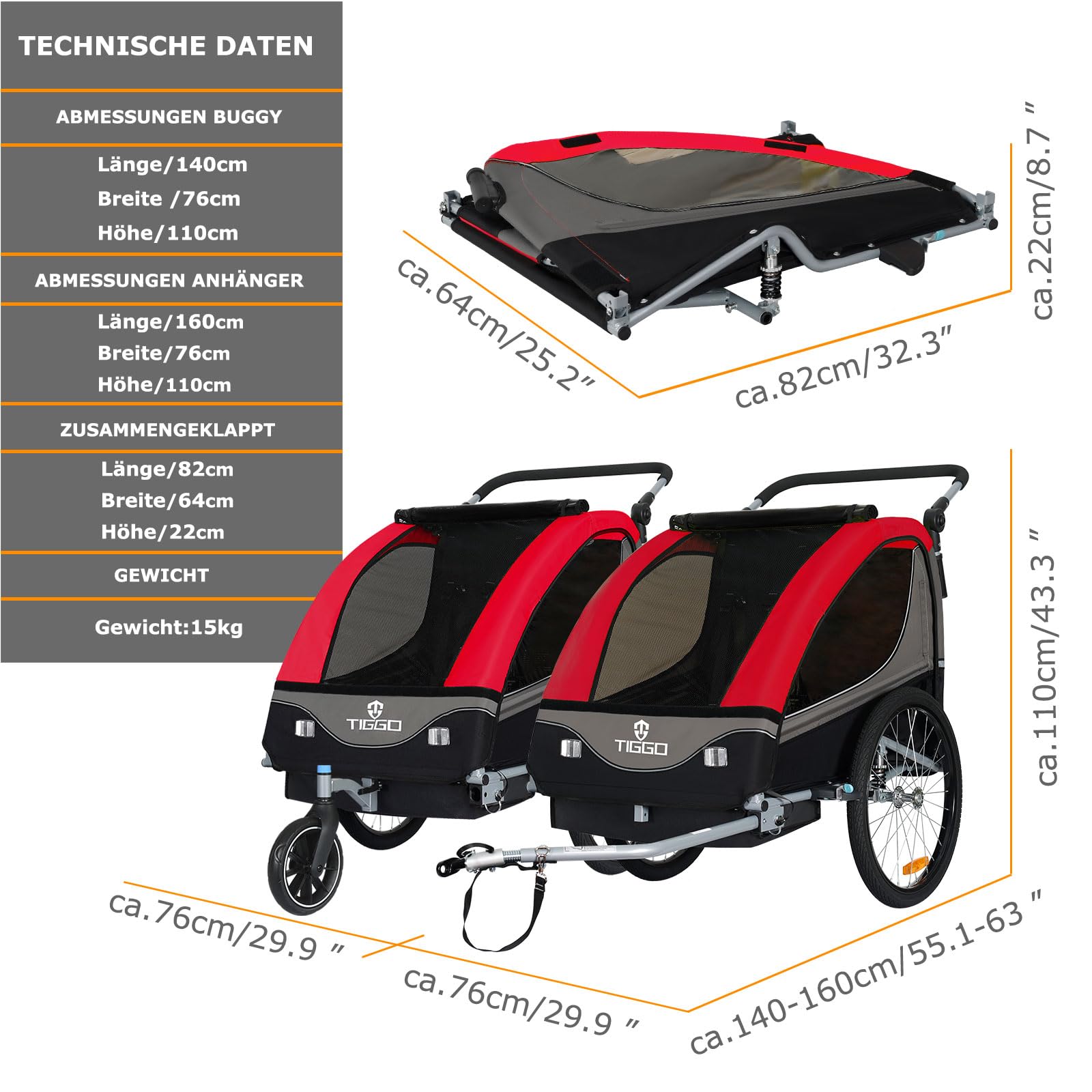Tiggo S2 Kinderaanhanger met vering, jogger, 2-in-1 kinderbuggy, fietsaanhanger, 360 graden draaibaar, rood Babyproducten
