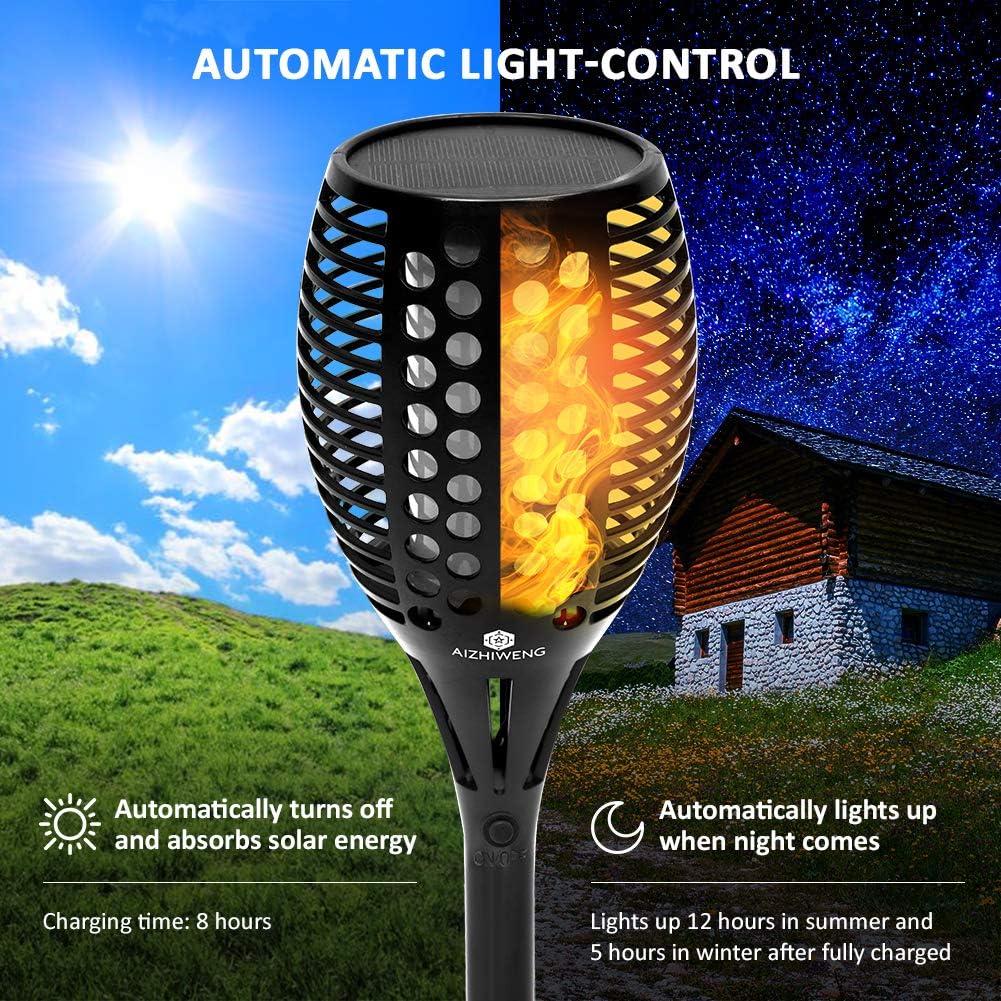 Rechargeable Solar Powered LED Flame Outdoor Torch Lights (Set of 2) | Flickering Flame Tiki Torch Lamp Effect | Includes Outdoor Ground Stakes for Your Garden or Patio | Fake Fire Lantern