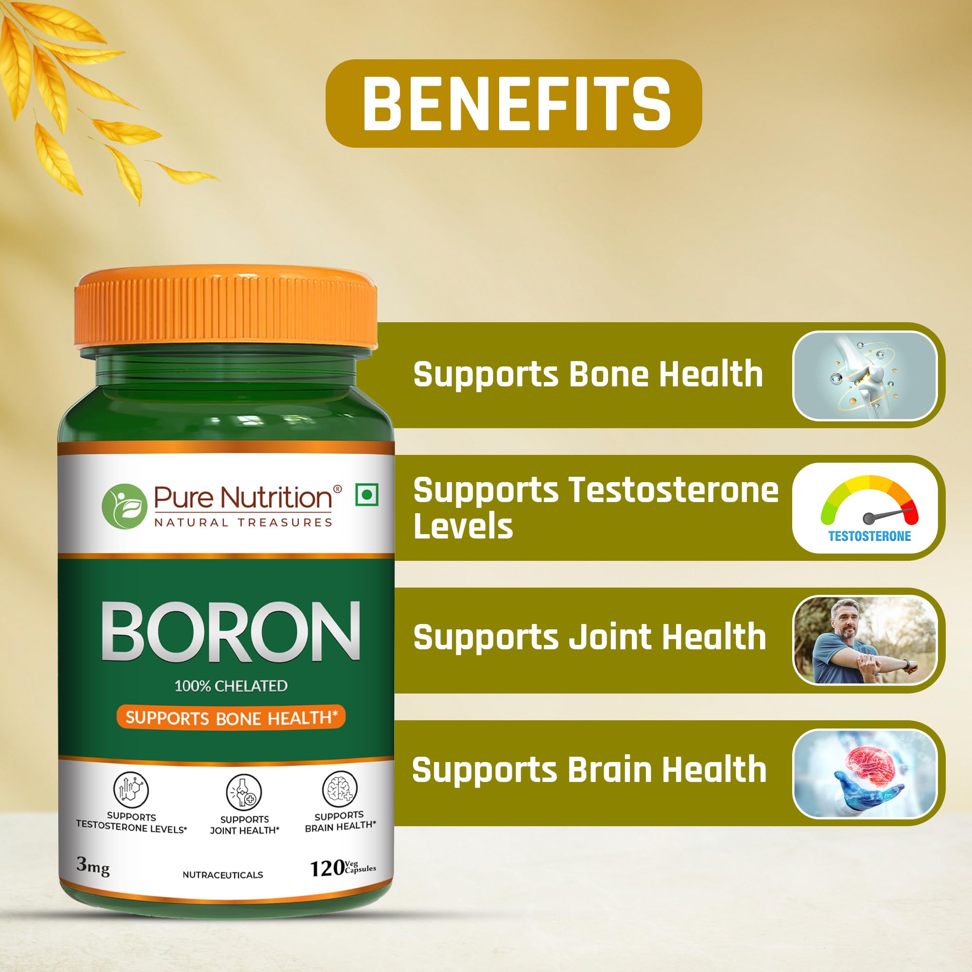 Pure Nutrition Boron 3mg, 120 Veg Capsules | 100% Chelated Boron Supplement for Bone Strength, Joint Support, Cognitive Health & Hormonal Balance 1
