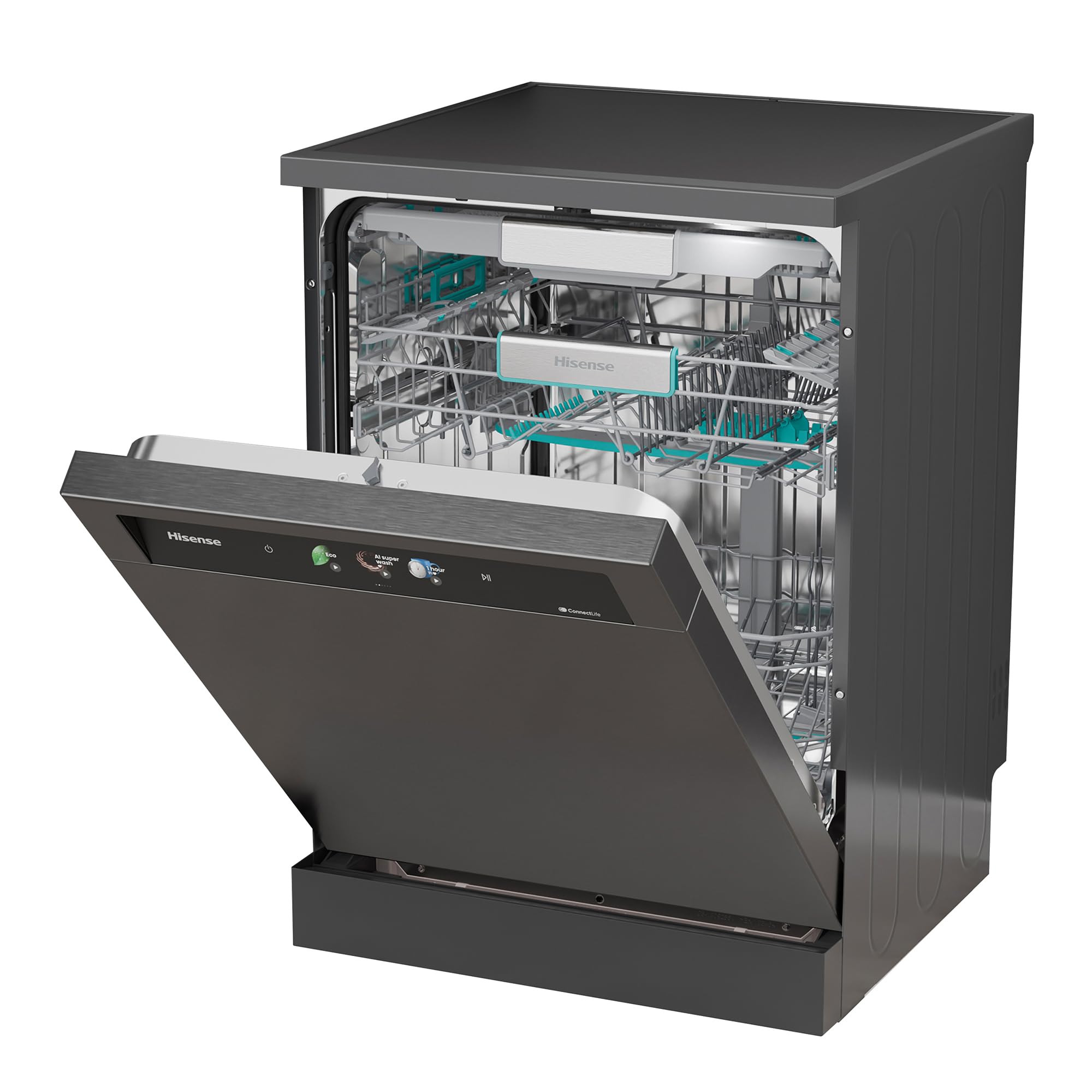 Hisense HS693A90ADBX - Lavavajillas Clase A, 16 Servicios, Fondo 60cm, Pantalla TFT Vision Plus 6.86", Super Wash IA, Programa ECO IA, Secado All Dry, Media Carga Auto, Tercera Bandeja, Inox