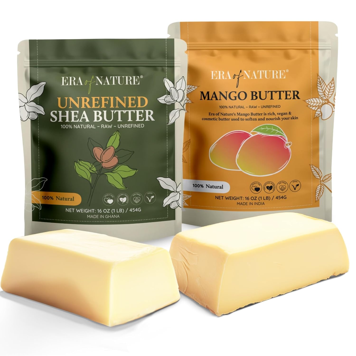 era of nature Organic Shea Butter 1lb & Mango Butter 1lb Bundle – Unrefined, Raw Moisturizers for DIY Body Butters, Soaps, Lotions, and Lip Balms