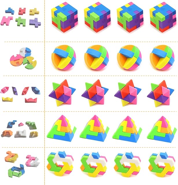 ICEPAPA, Erasers for Kids, 20 PCS Cube Puzzle Rubber, Perfect as Erasers for School, Party Bag Fillers for Kids, Gaming Party Bag Fillers and Kids' Party Favours (Contains 5 shapes)