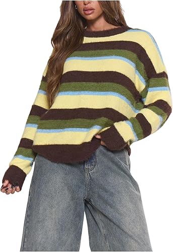 MakeMeChic Women's Striped Crew Neck Sweater Long Sleeve Knit Pullover Tops Brow