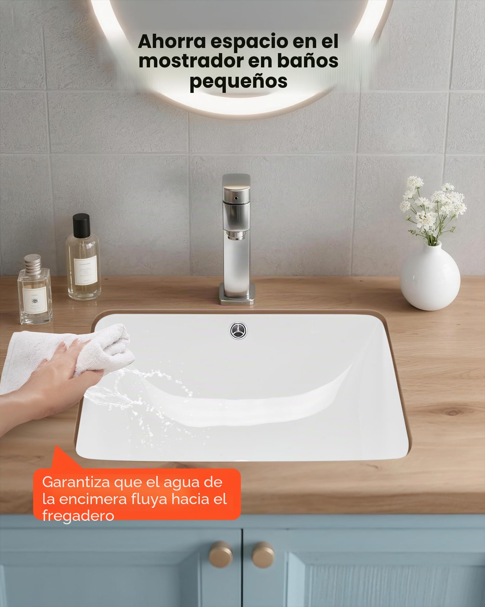VEVOR Lavabo Bajo Encimera de Cerámica Rectangular, con Rebosadero, Fregadero de Cocina Moderno Bajo Encimera para Espacios Pequeños, Orificio de Desbordamiento, Color Blanco, 515 x 385 x 190 mm