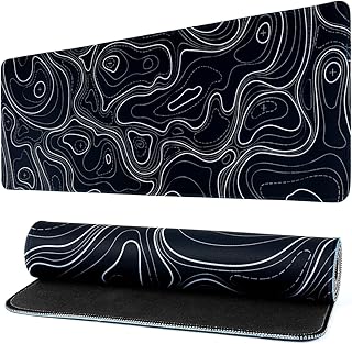 JINJIASC Gaming Mouse Pad Topographic Contour Large Desk Mat Long Computer Keyboard Mouse Mat Mousepad with Slip Base Desk Pad Edge for Home Office Work (Black)