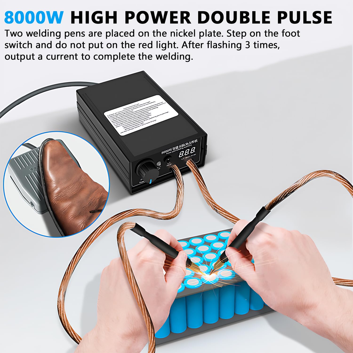 Saldatrice a punti 8000 W per batterie, saldatrice a batteria con pedale in nichel e perno di saldatura a punti, saldatrice manuale ad alte prestazioni per saldatori a batteria 18650