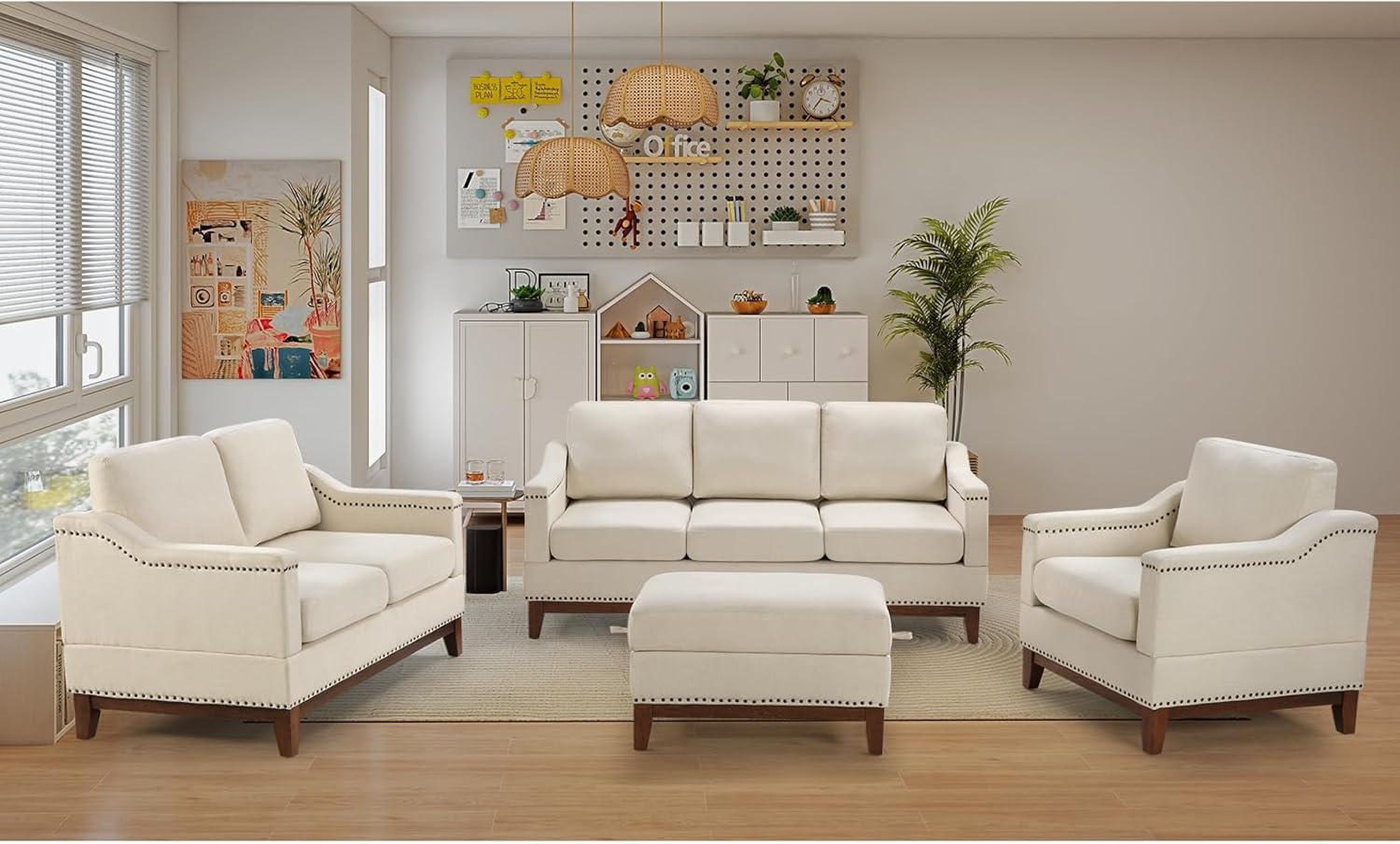 EBELLO Sectional Sofa Set, 4Ps Mid Century Modern Couch, 6 Seater Sofa Furniture Set with Storage Ottoman and Vintage Rivet Design, Wooden Legs, for Living Room, Meeting Room, Beige