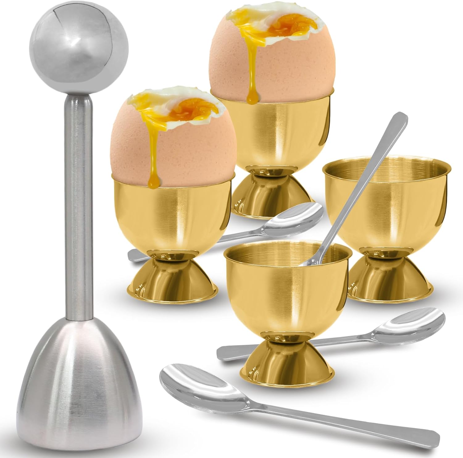 9 Pack Egg Shell Opener Set, Stainless Steel Egg Cups & Spoons, Ergonomic Topper for Soft Boiled Eggs