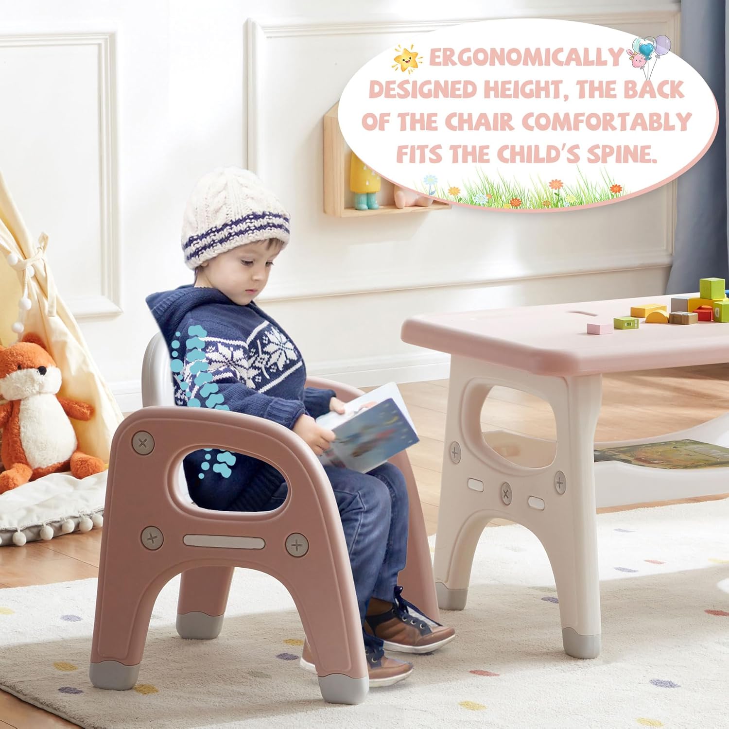 DOREROOM Kids Table and Chair Set, Plastic Children Activity Table with 2 Chairs, Toddler Table and Chair Set for Reading, Drawing, Snack Time, Arts Crafts, Preschool, Gift for Boys Girls