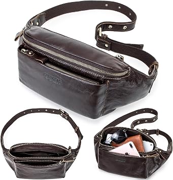 Top Grain Genuine Leather Slim Fanny Pack for Man & Woman, Vintage Design & 4 Zipper Pockets & Adjustable Strap, Handmade, Large Capacity Waist Pack Crossbody Belt Bag for Daily/Travel, Dark Coffee