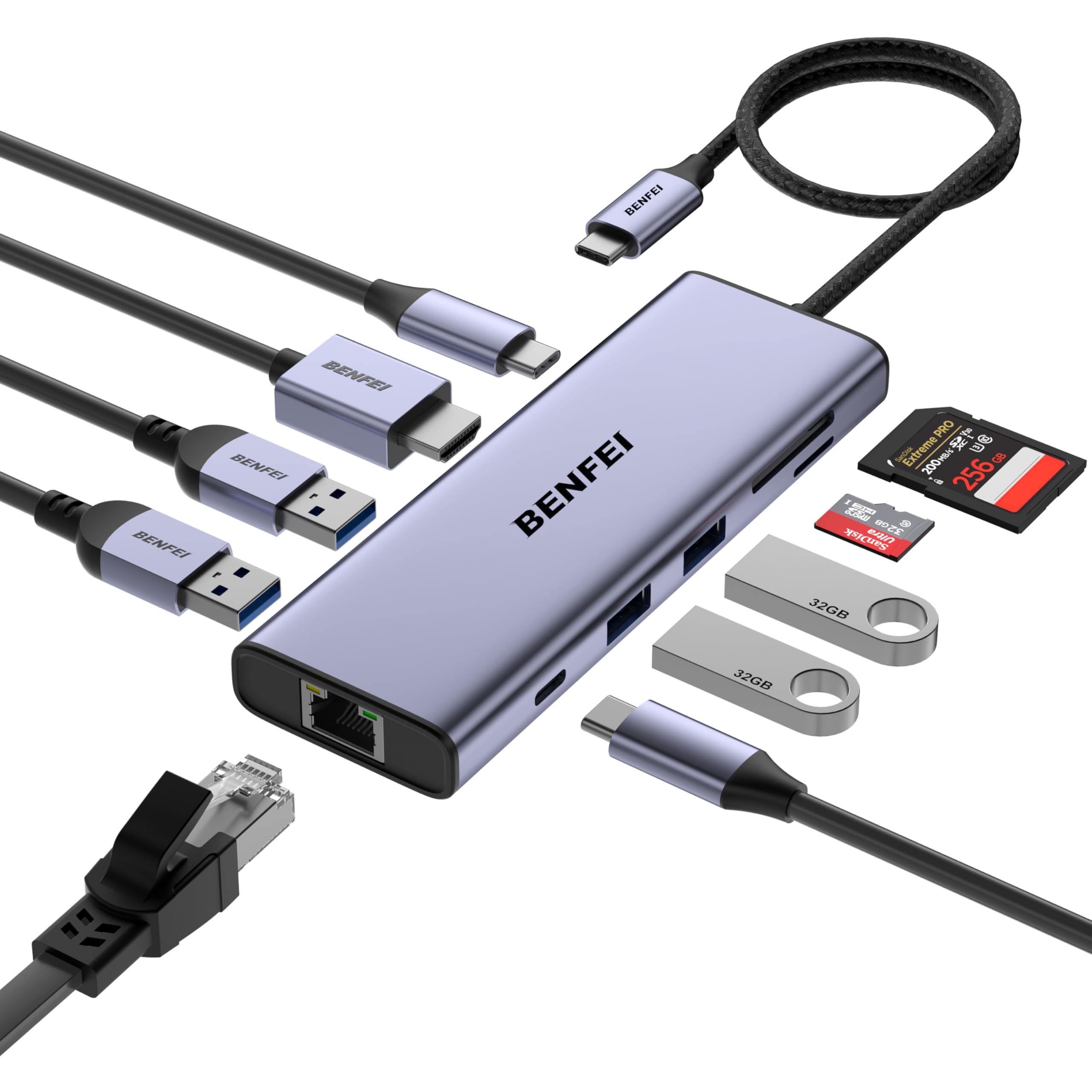 BENFEI Hub USB-C 10 w 1 ze stacją dokującą, HDMI 4K 60 Hz, Gigabit Ethernet, PD 100 W, transfer danych USB-C 5 Gb/s, 4 porty USB-A 3.0, czytnik kart SD/TF 170 MB/s