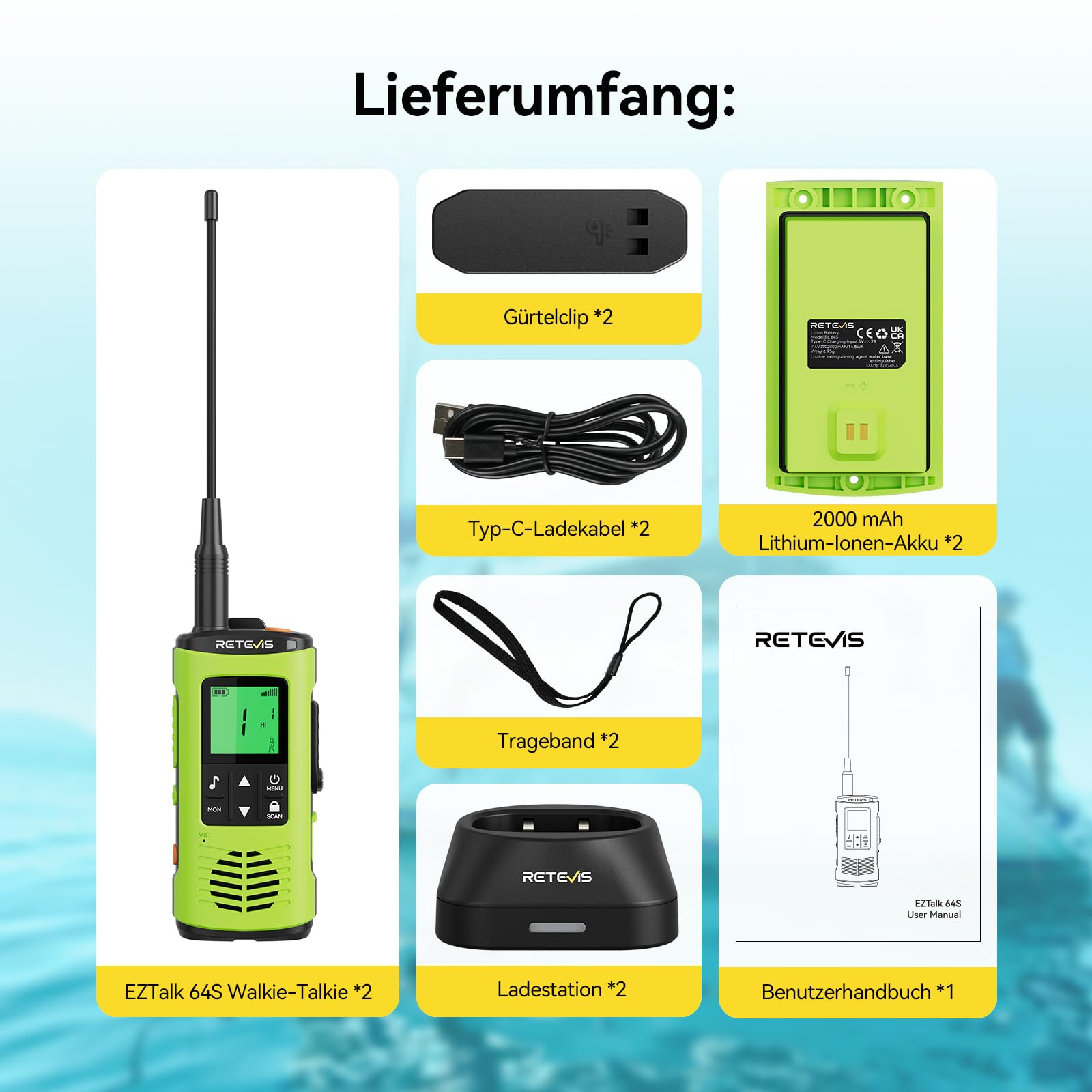Retevis EZTalk 64S Walkie Talkie, IP68 Wasserdichtes Funkgerät Langstrecken | RT649P 2.0 Funkgeräte für Kajak, Camping Angeln, Korrosionsbeständige, Rechargeable, Taschenlampe, SOS-Alarm, Robust Radio