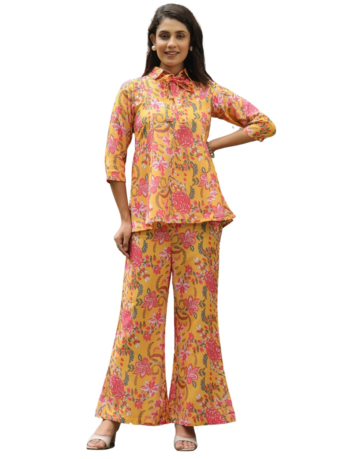 Leriya Fashion Rayon Printed Regular Stylish Ethnic Co Ord Designer Kurta Set For Women (Lf-W2146&Tr1113_Yellow_Error:#Ref)