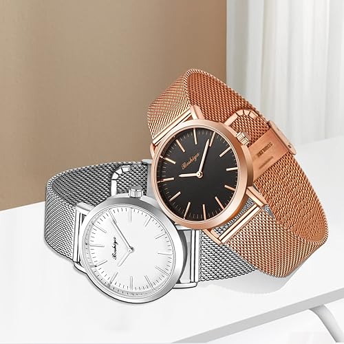 Miniatura 7 de BOSHIYA Relojes para mujer Easy Reader de 1.181 in de acero inoxidable con banda de expansión plateada dorada para mujer, reloj de pulsera pequeño