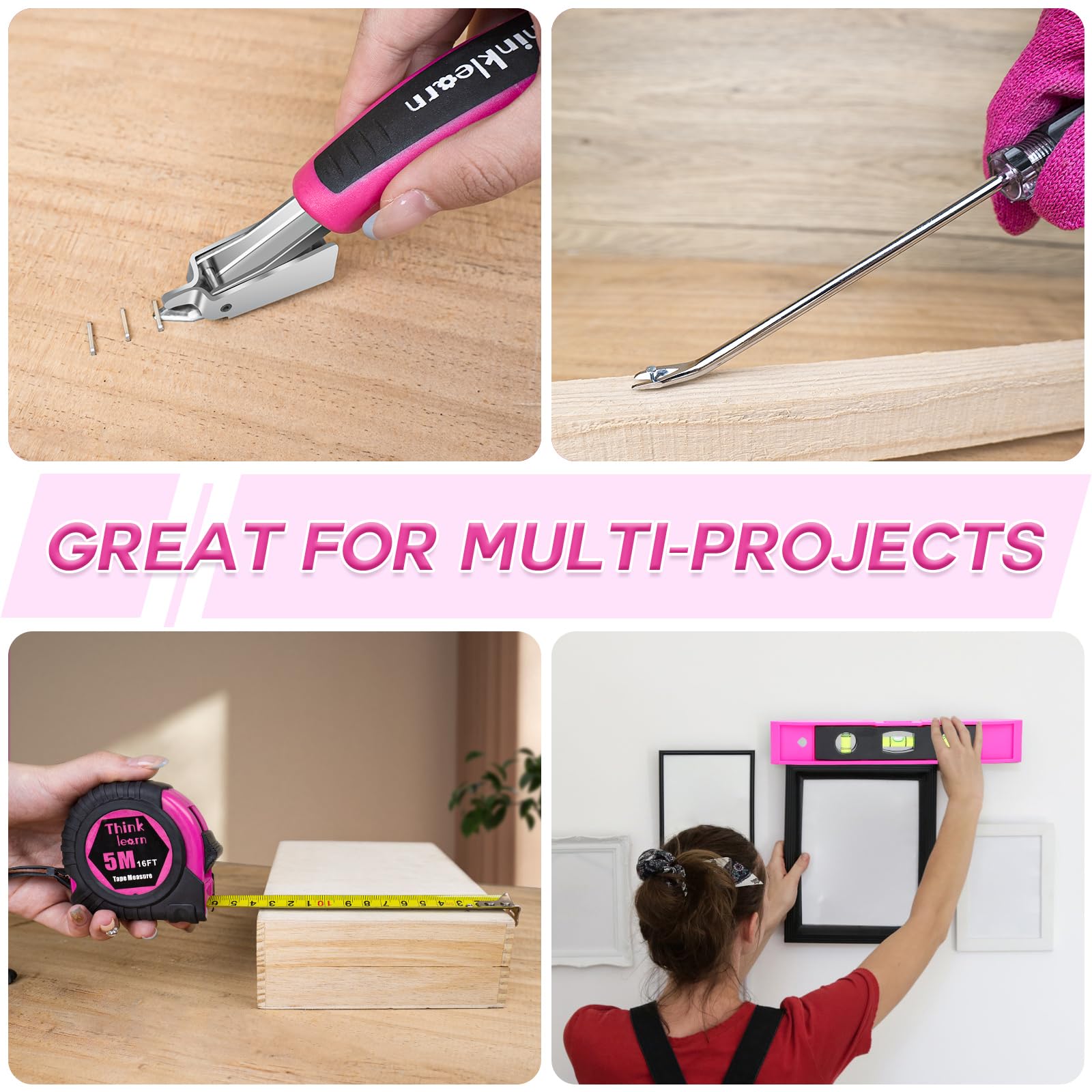 Agrafeuse électrique rose, 7 pièces 2 en 1 sans fil avec 2500 clous d'agrafes, cloueuse 4 V pour tapisserie, bois, menuiserie, artisanat, bricolage, kit de cloueuse Brad avec chargeur USB