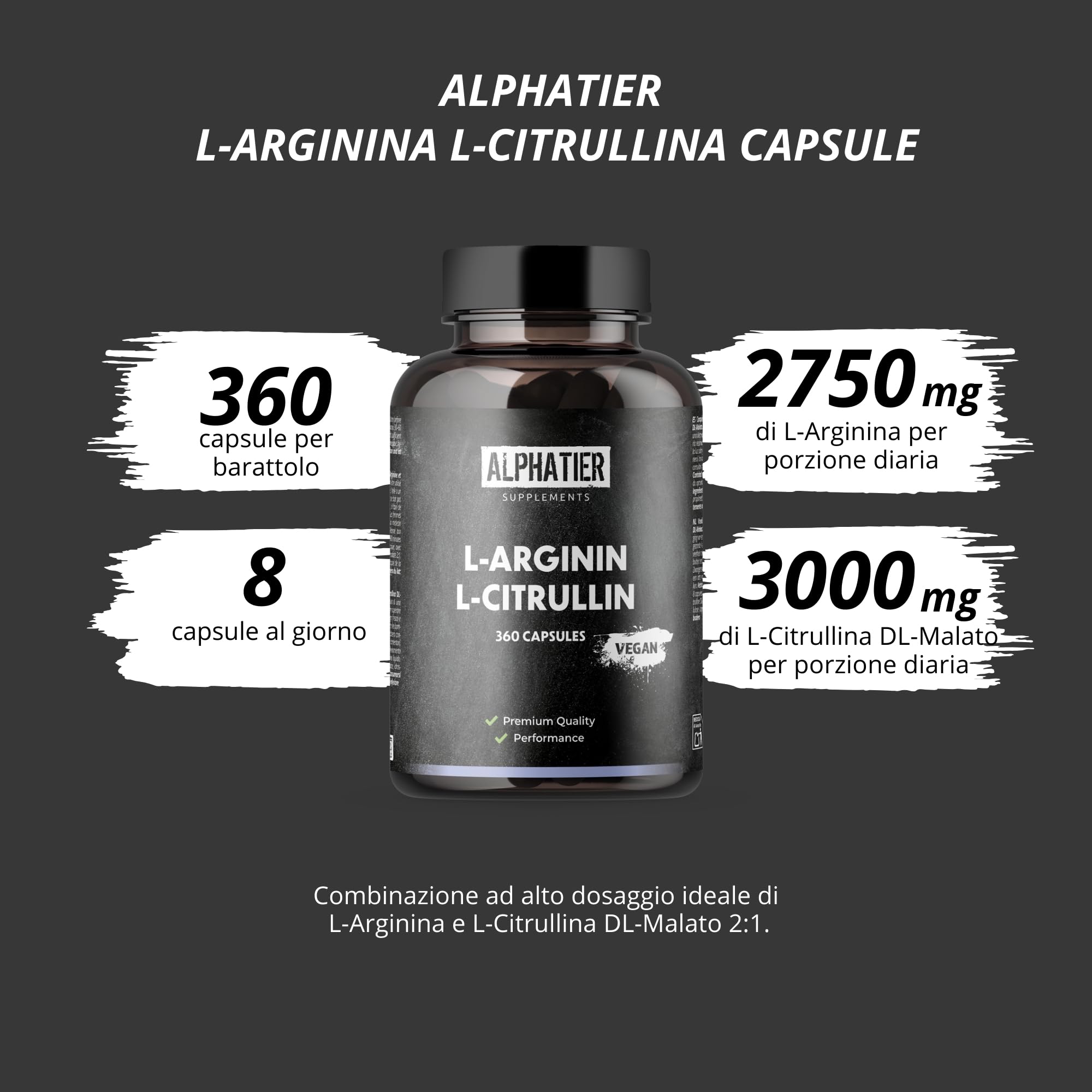 Alphatier Capsule L-Arginina L-Citrullina Alto Dosaggio - 360 Pillole Vegane - 3000mg di Citrullina Malato + Arginina Base per Porzione - Qualità Premium Senza Magnesio Stearato + Additivi