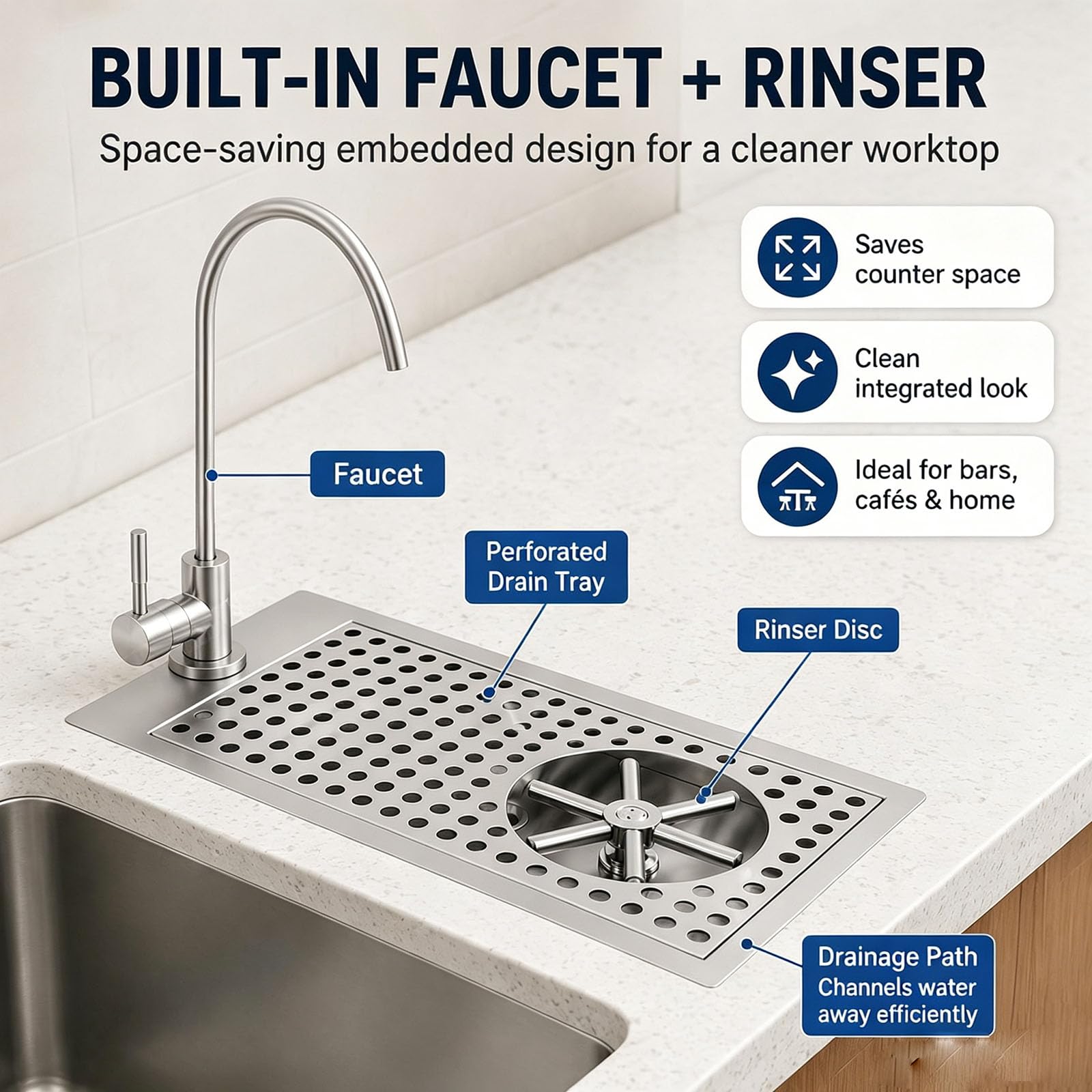 Rince-Verres Intégré avec Robinet, Lave-Tasses en Acier Inoxydable, Drainage Rapide, Ouverture De 37,5 X 17,5 Cm, Jet Multi-Angles, Idéal pour Restaurants, Cafés Et La Maison