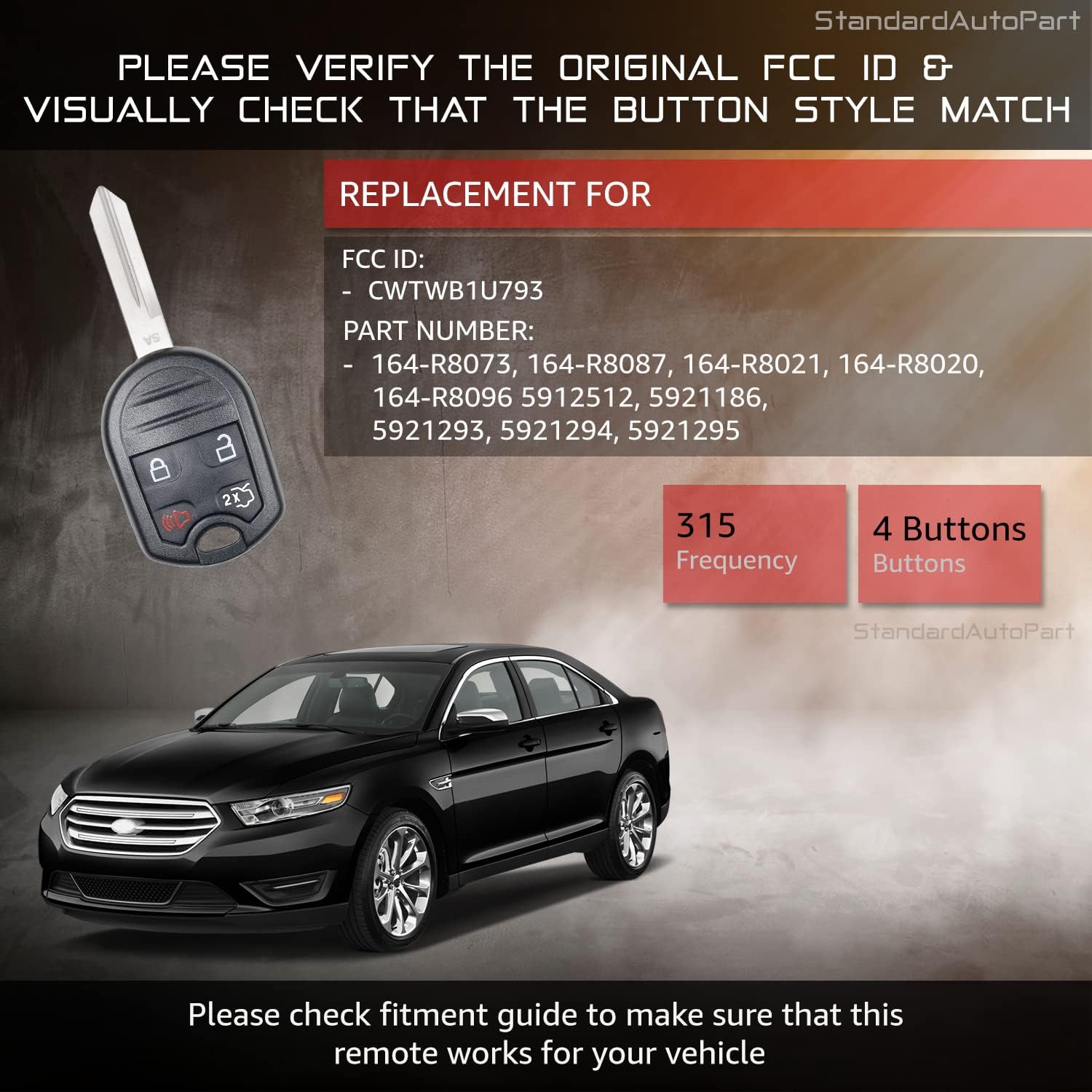 StandardAutoPart Remote Head Key Remote Compatible with Ford Edge Expedition Explorer F-150 F-250 Mark LT MKS MKZ 5912512 164-R8073 R8073 8073 (Single)