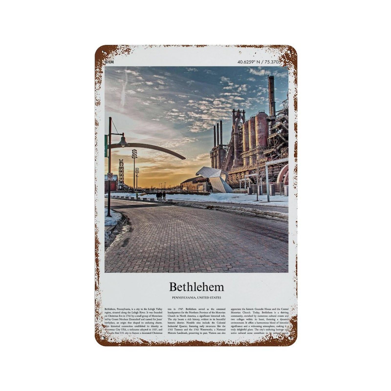 xiaoxiaoshen Bethlehem Pennsylvania, United States, USA City Scenery Wall Decor Art Metal Tin Poster Modern Home Decor Art Home Bar Shop Decorations Vintage Sign 30x20cm