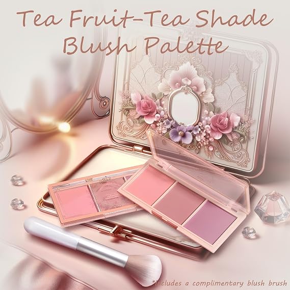 3 Color Matte Pink Blush Palette with Brush, Long Lasting Cheek Makeup, Light and Smooth Blush Powder for Face Beauty