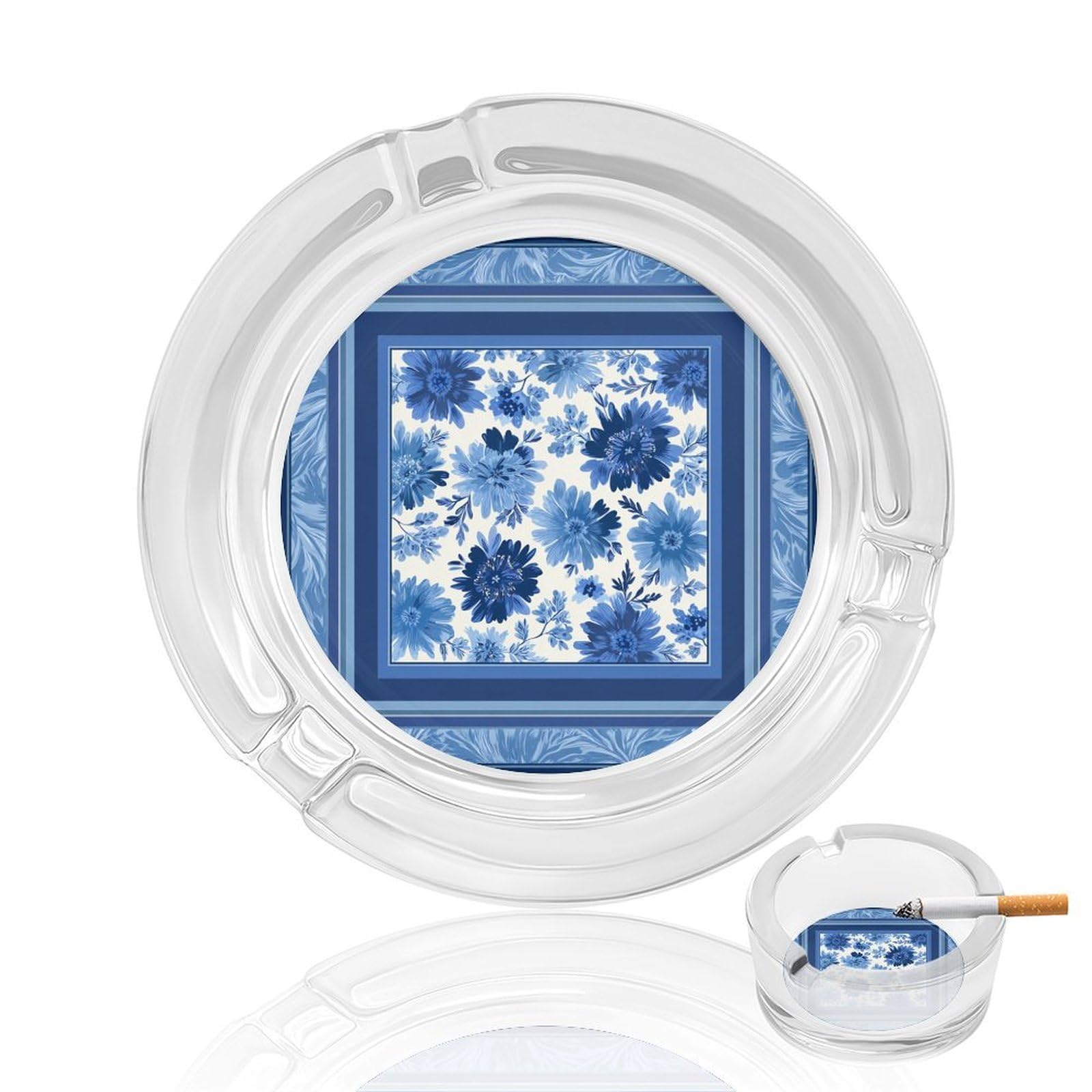 Blue Floral Flowers And Foliage Glass Ashtray for Cigarettes Portable Decorative Ash Trays for Home Office Decor