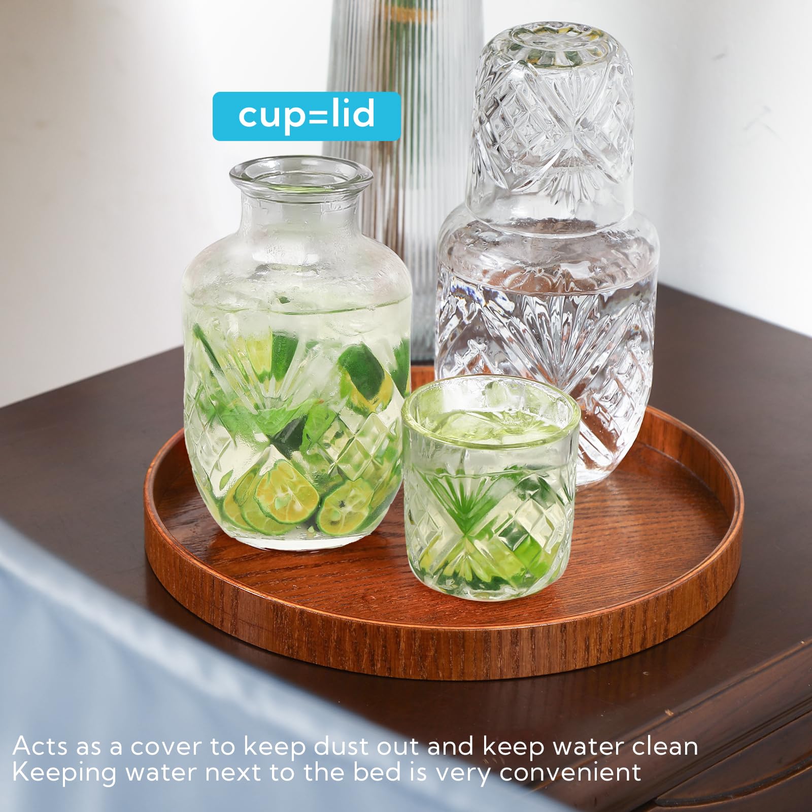 6 Pack Bedside Water Carafe And Glass Set 20 OZ Vintage