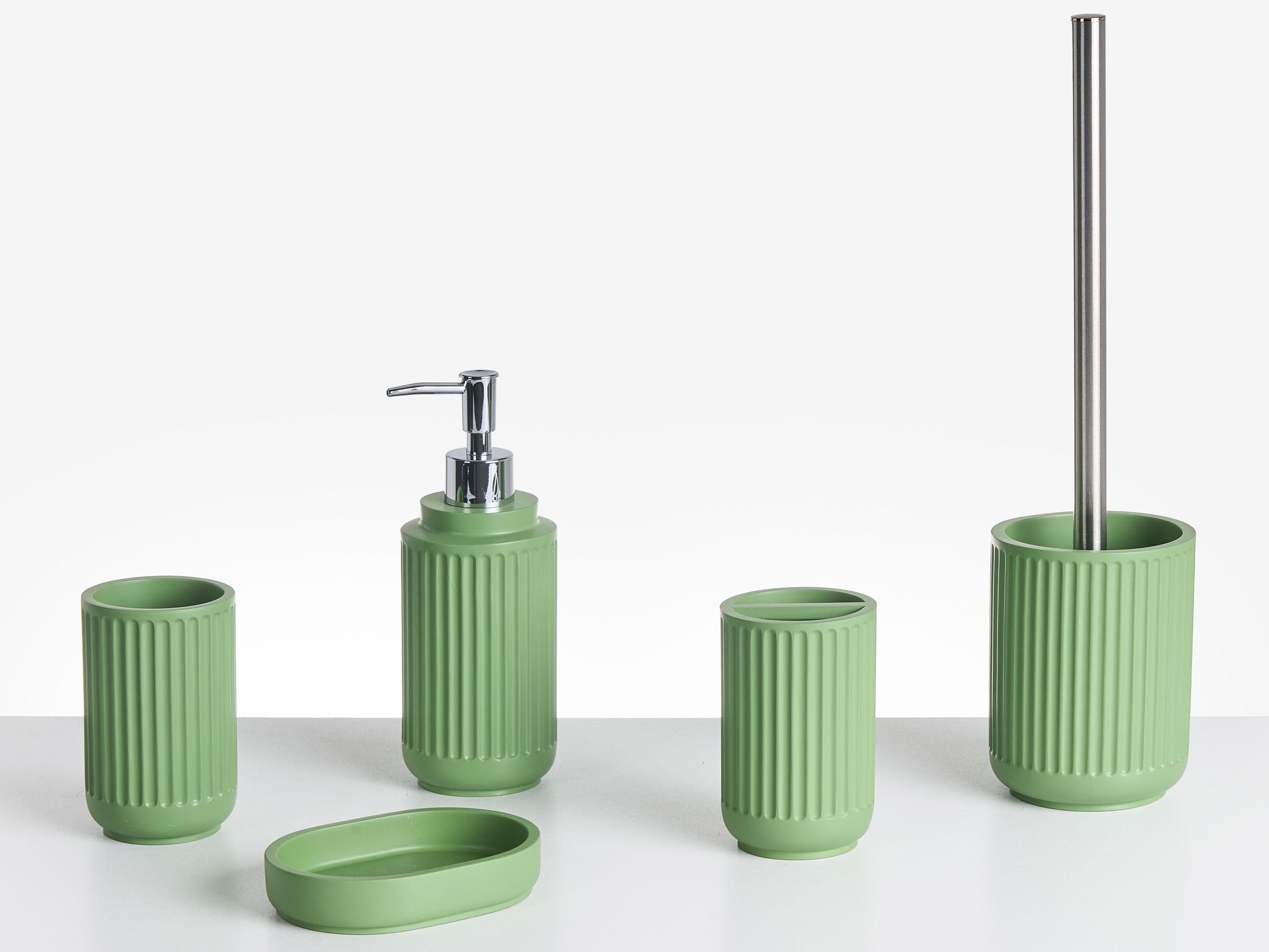 Conjunto de 5 Accesorios de baño jabonera dispensador de jabón escobilla de Inodoro Vaso Soporte para cepillos de Dientes Verde Huarmey