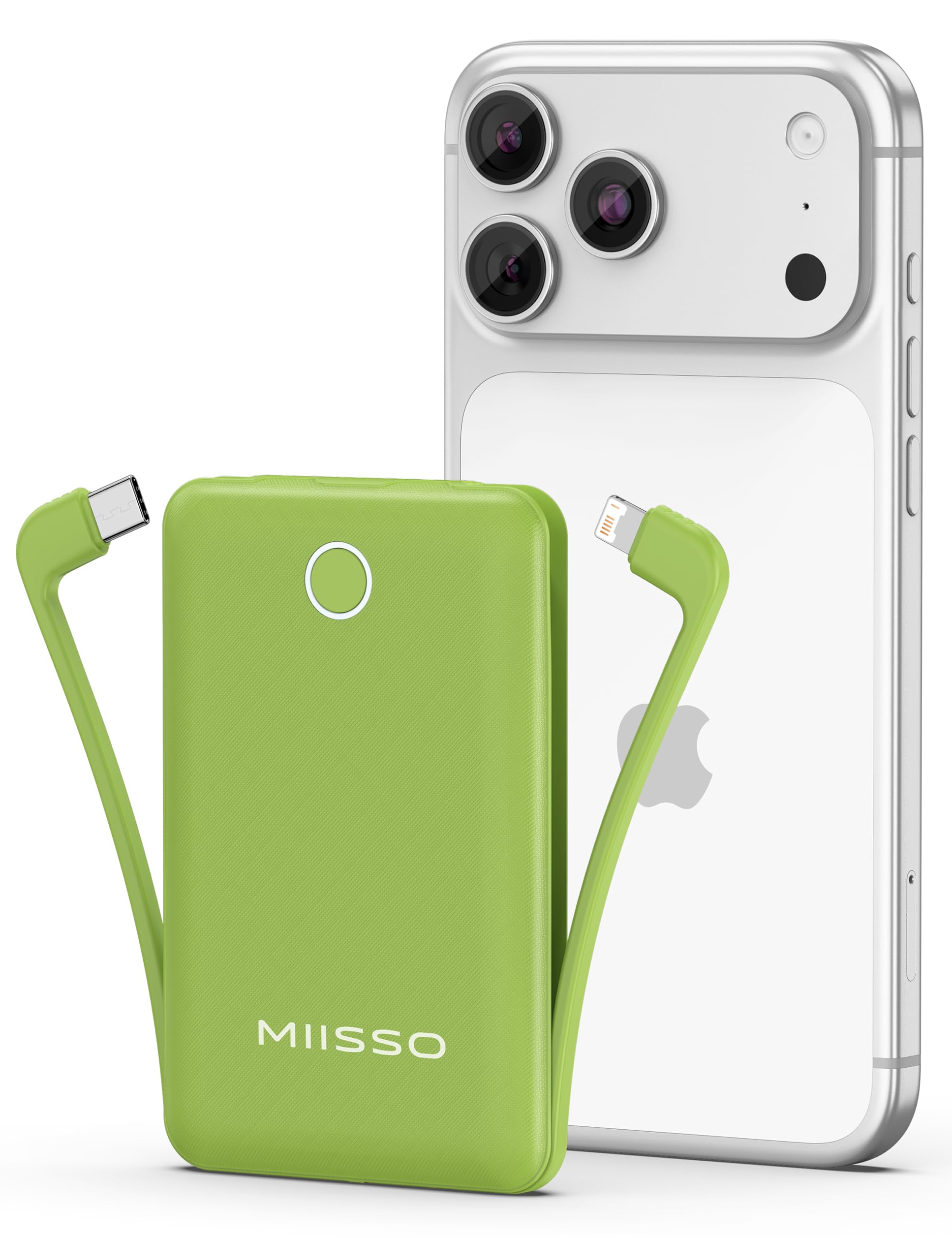 miisso 10000mAh Mini Portable Charger with Built in Cable, Green