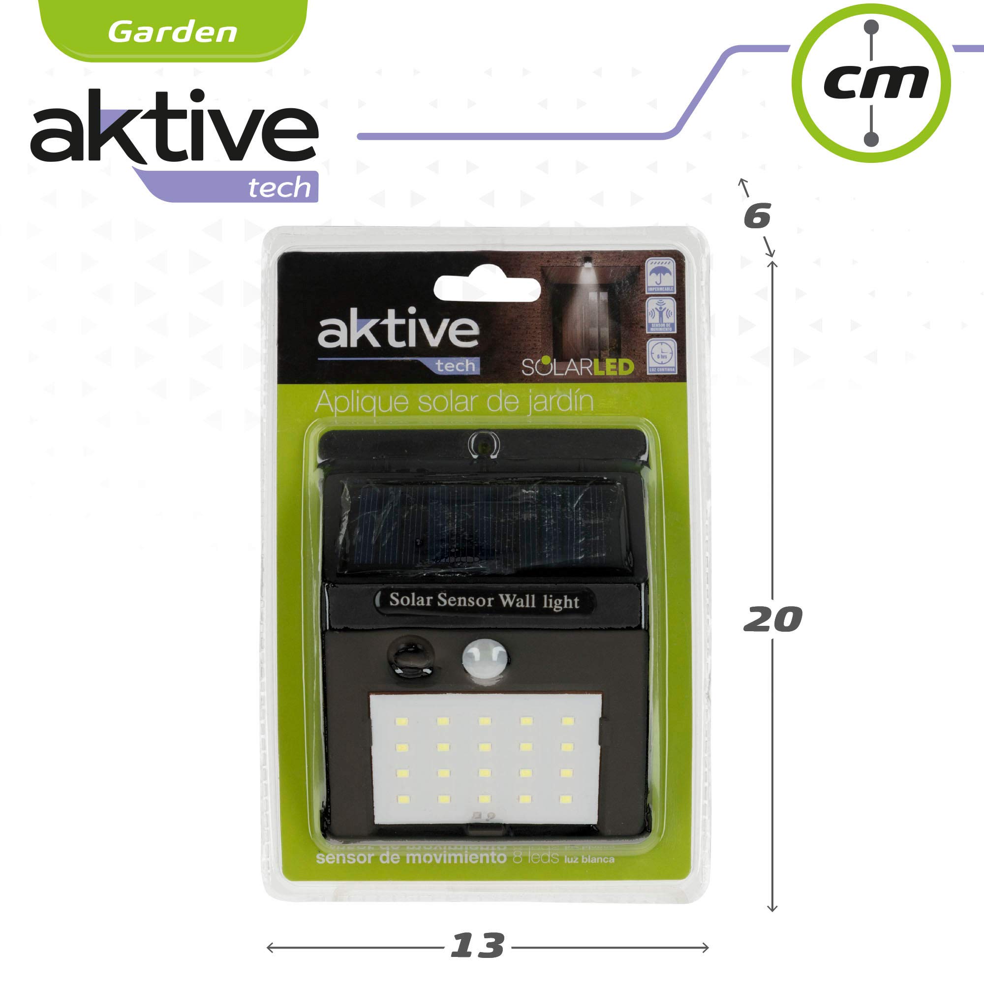AKTIVE - Zestaw 6 świateł, Zewnętrzne lampy solarne LED, oświetlenie zewnętrzne, wodoodporne, czujnik ruchu światła, przycisk ON/OFF, zawiera 1 akumulator