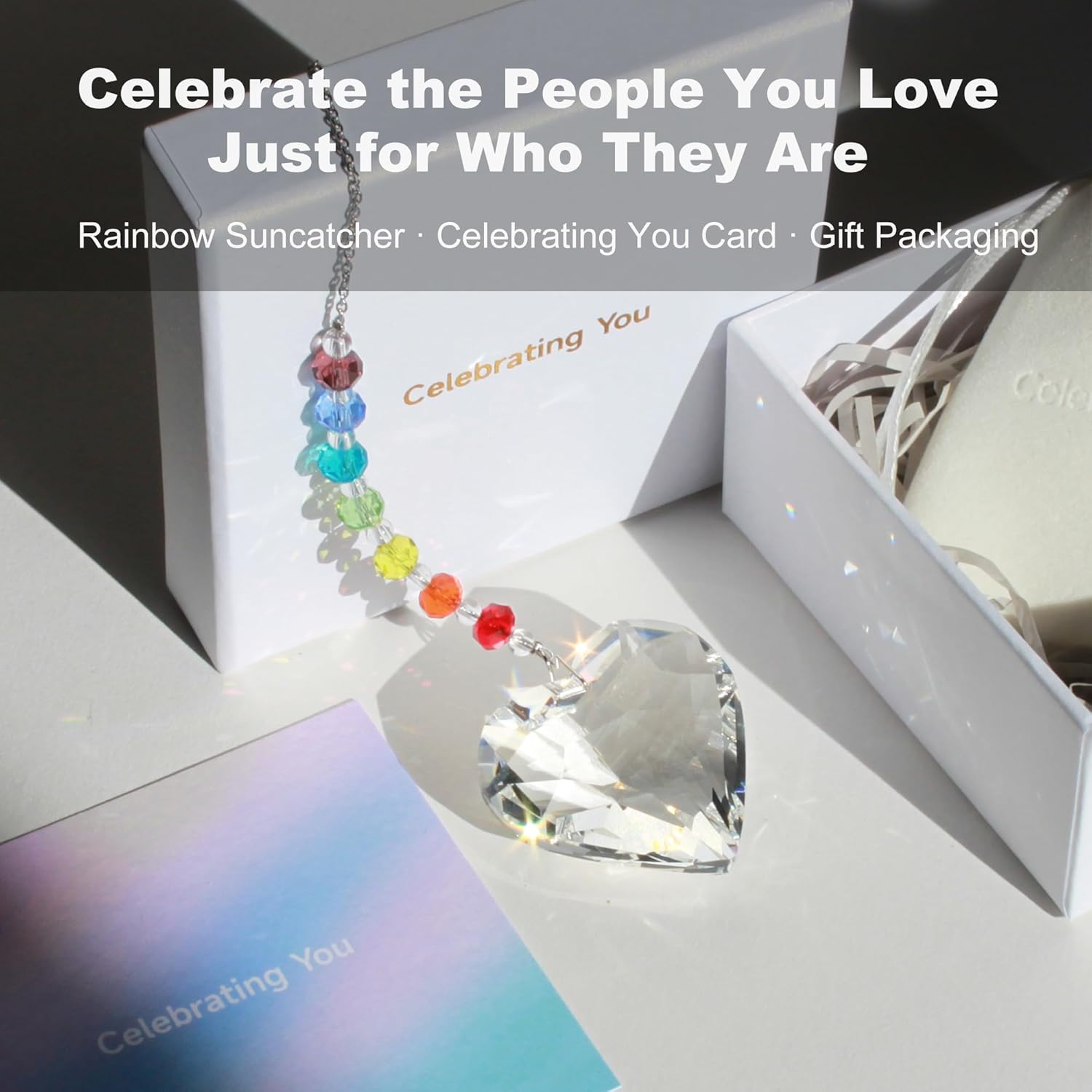 Celebrating You! Friendship Gifts, BFF, Bestie Gifts. Best Friend Birthday Gifts. Unique 45 mm Crystal Heart Rainbow Maker Hanging Ornament - Image 2