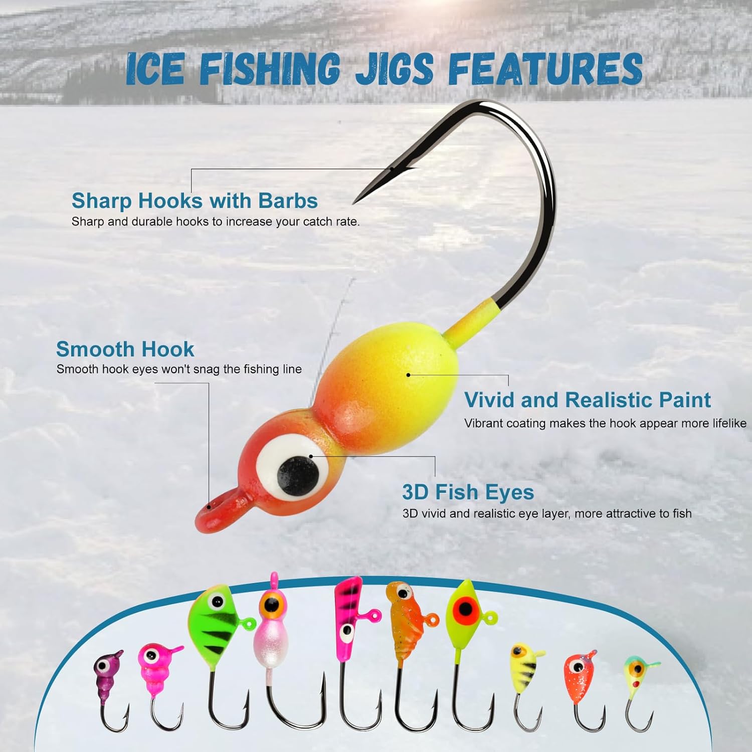 Master Ice Fishing Jigs Kit, Glow in Dark Ice Fishing Lures Set with Sensitive Jig Heads for Panfish, Crappie, Walleye, Perch with Tackle Storage Box