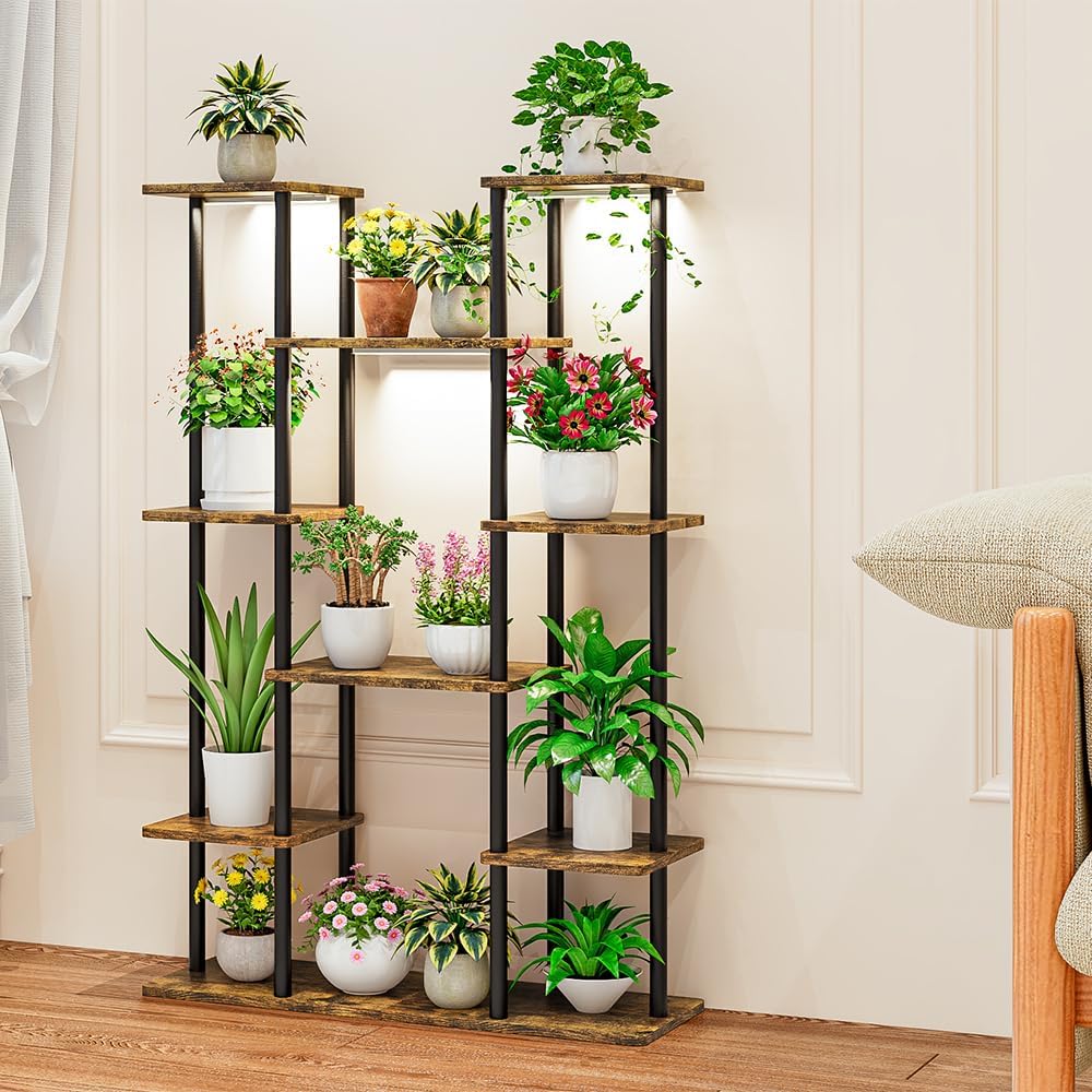 plant stand indoor with grow light, corner tiered metal plant shelf for Indoor Plants Multiple, Plant Rack Display Flower Holder for Living Room, Patio