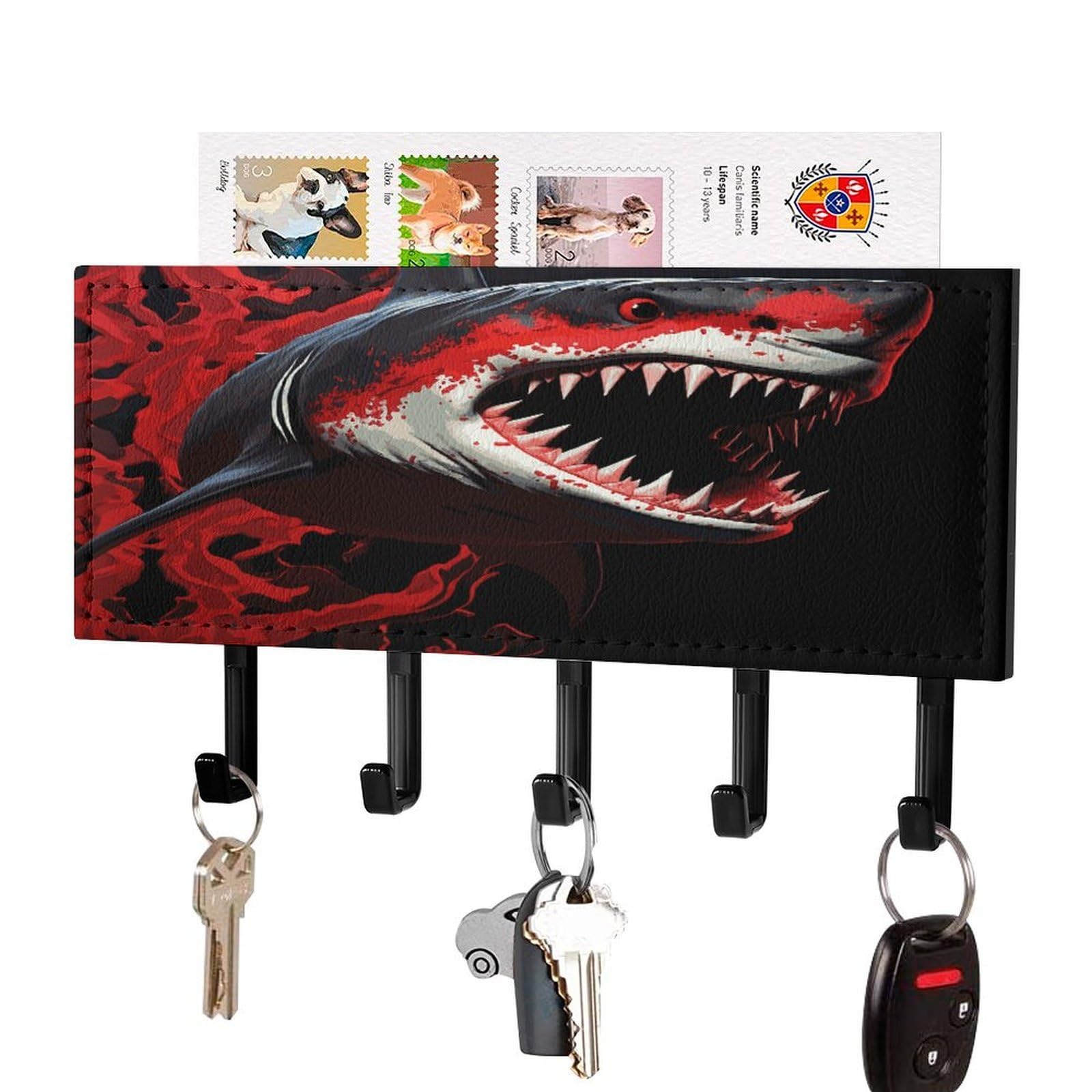 FekiLoot Red-Black Shark Key Holder for Wall Decorative Mail Organizer with 5 Key Hook Self Adhesive Key Rack with Tray Coat Rack Wall Mount Key Hanger Decor for Entryway Door