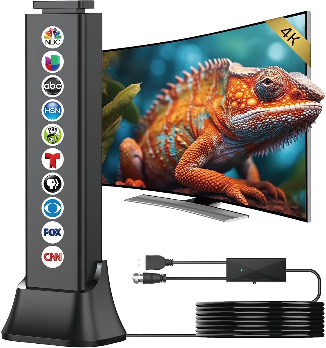 Antena de TV 2026,Antena de TV para Smart TV Alcance de más de 4500 millas,Antena de TV para canales locales Amplificador de señal de 360° Compatible con televisores 4K 8K 1080p-Antenas de TV digital-Antena HD portátil Cable coaxial interior de 25 pies