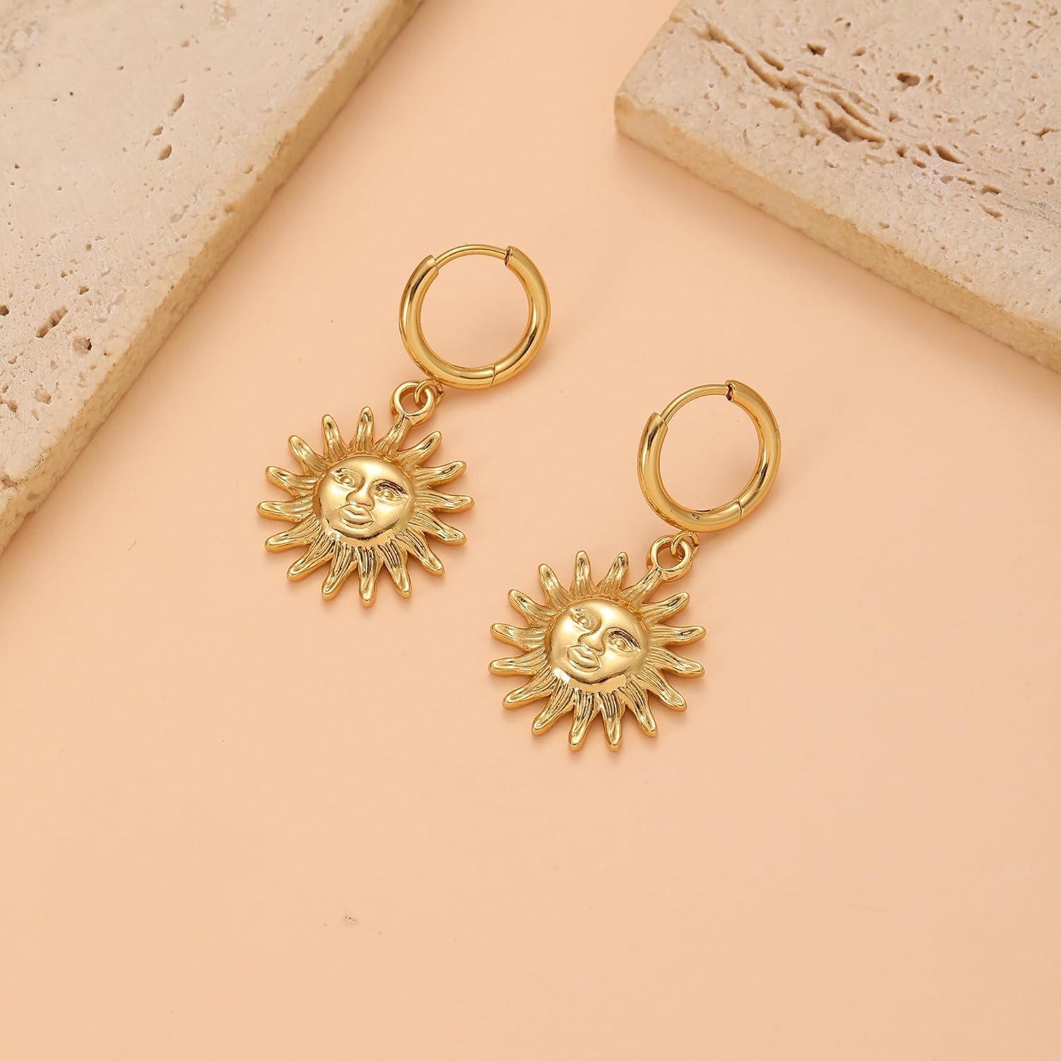 Gold Sun Face Drop Earrings, Celestial Dangle Hoop Design, 3.8cm Length, 2cm Width, Lightweight 6.1g - Image 4