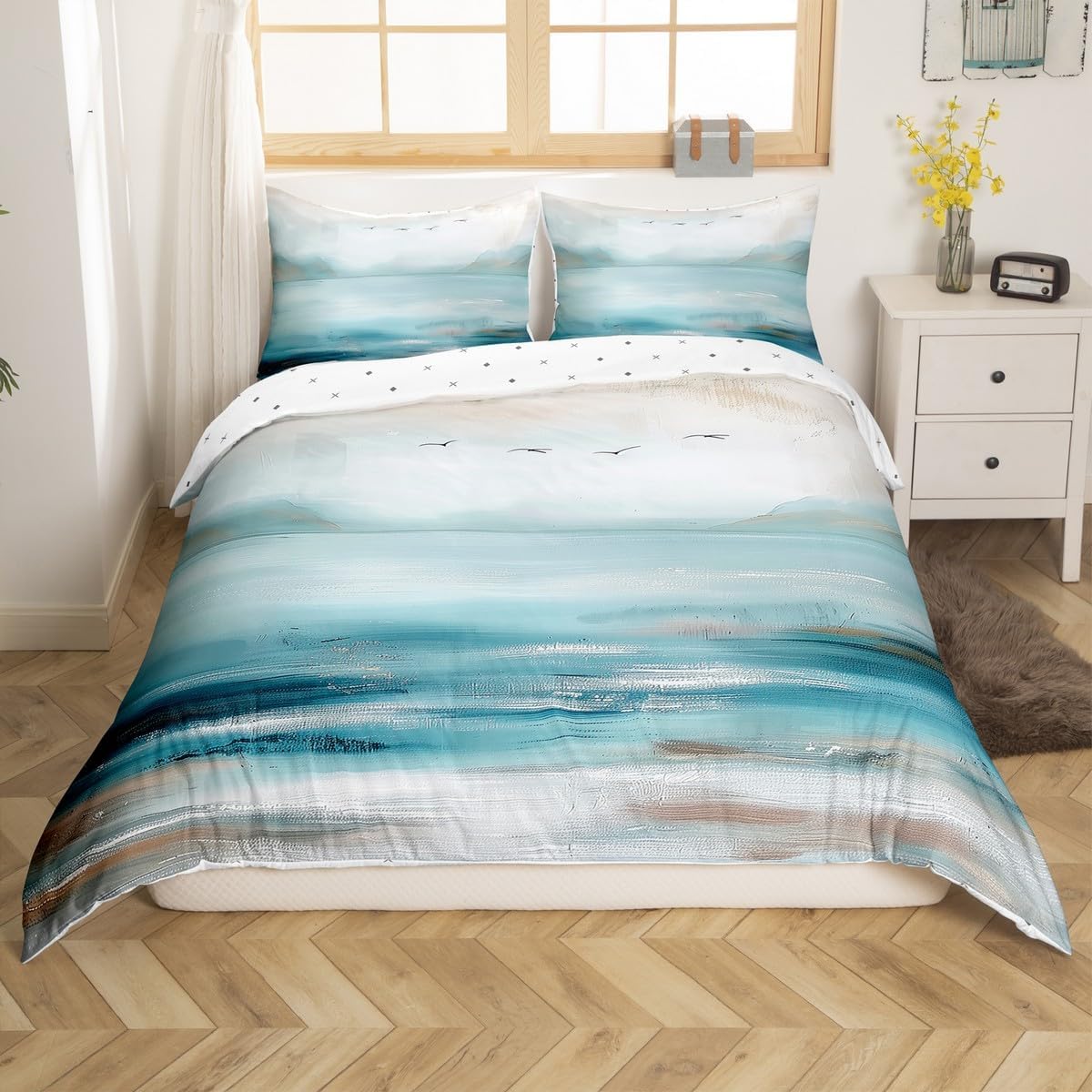 jejeloiu Beach Theme Comforter Cover Queen Size Kids Summer Ocean Wave Bedding Set for Boys Girls Seagull Simple Modern Abstract Art Duvet Cover Room Decor（No Comforter