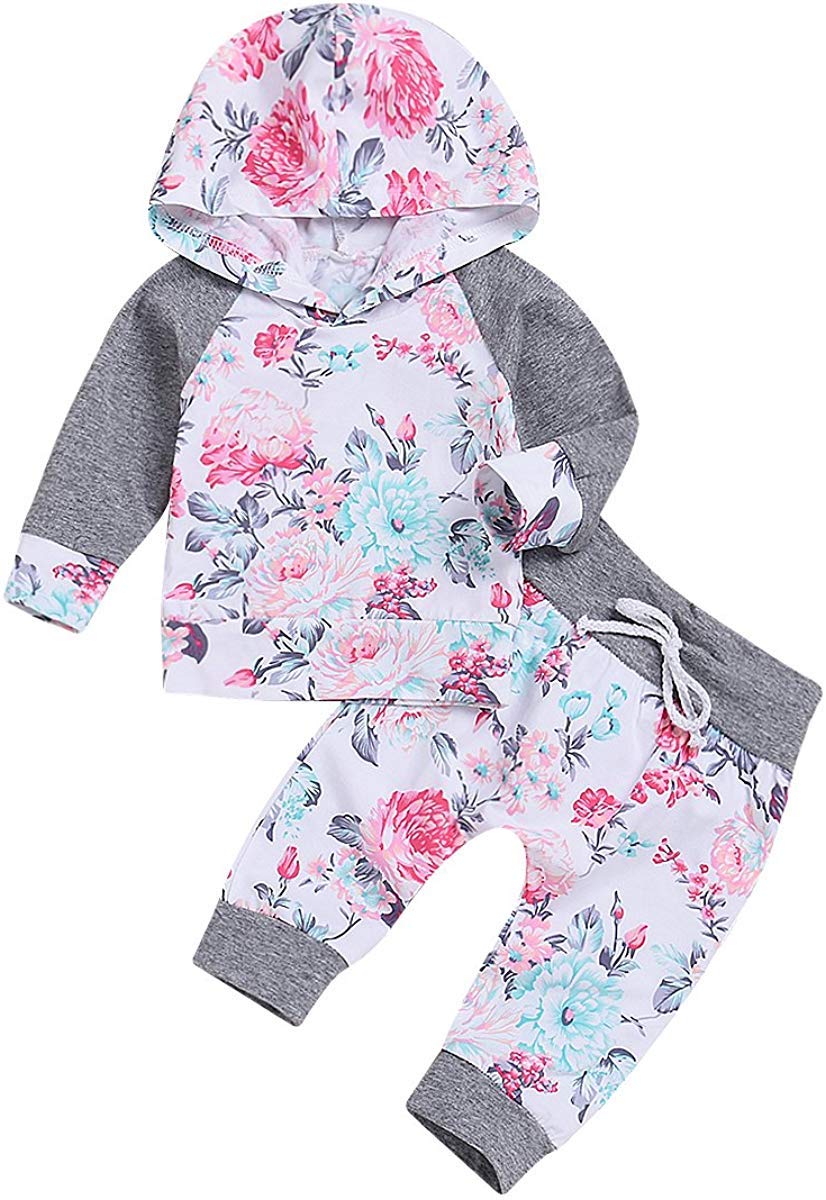 0-24M Newborn Infant Toddler Baby Girl Clothes Long Sleeve Hoodie Sweatshirt Top and Floral Long Pants Claus Outfit Sets