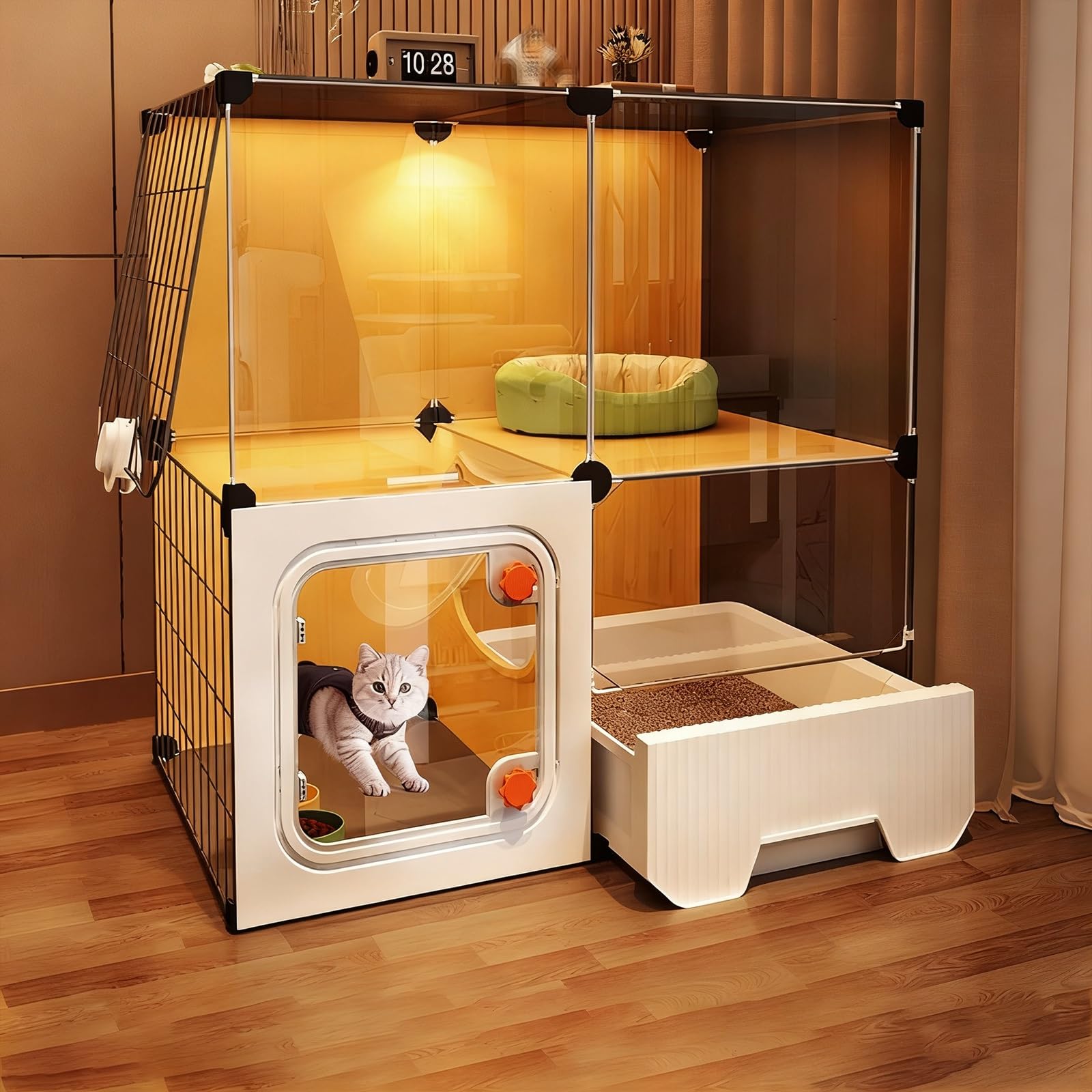 Gabbia Per Gatti Interno con Lettiera, Recinto Trasparente Multilivello | Gabbia Trasparente Ottima Ventilazione, Recinto Spazioso per 1–2 Gatti, Facile da Montare(71x46x71CM)