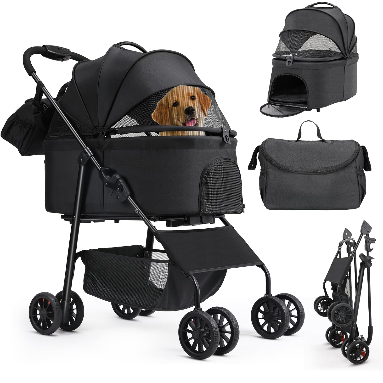 MAMIZO 3-in-1 Pet Stroller Dog Pram for Small Medium Dogs Cats up to 20kg, Foldable Pushchair with Detachable Carrier, 360° Swivel Wheels, Shoulder Bag, Large Storage Basket, One-Hand Fold, Black