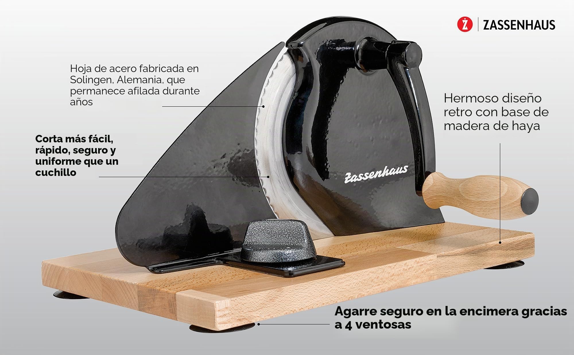 Zassenhaus Cortador de pan manual CLASSIC | Rojo | Hoja de acero Solinger | Grosor de corte: 1-18 mm | Tabla y manivela de madera de haya | 30 × 25,5 × 19 cm