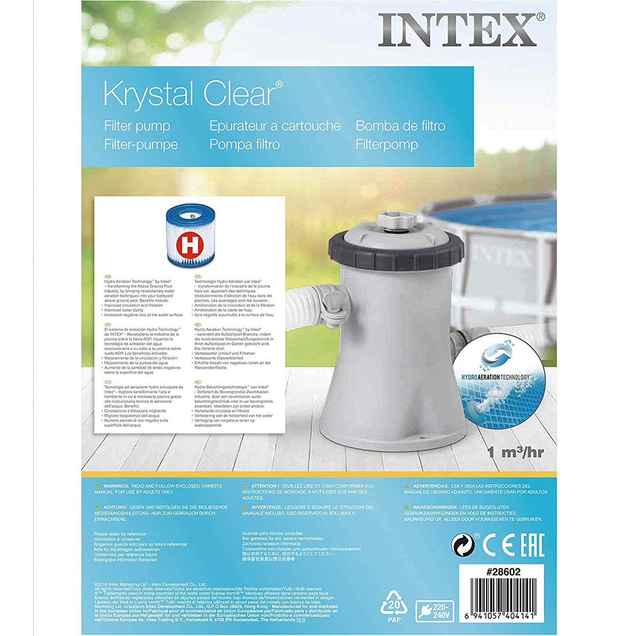 Intex 28602 – Pompa Filtro a Cartuccia Krystal Clear, Flusso d'Acqua 1250 L/h, Flusso di Sistema 1003 L/h, per Piscine Easy Set-Frame da 183-244-305 cm, Plastica, Grigio