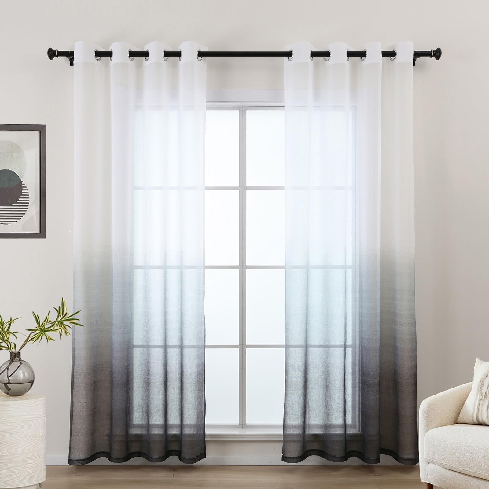L.Z.E Vorhänge für Wohnzimmer, Gardinen Weiß Grau Farbverlauf, Transparente Gardinen, Vorhang Grau für Schlafzimmer, 145 cm Fallhöhe, mit Ösen Verlaufsmuster Design, 2er Set Ösenschal (LZE2236E-GR145)