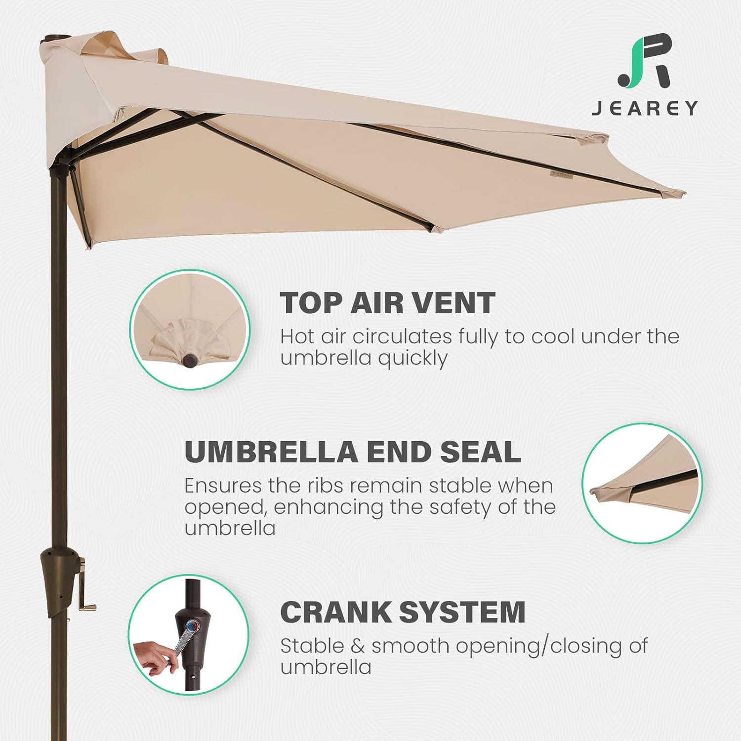 JEAREY 9ft Half Umbrella Outdoor Patio Umbrella Market Umbrellas with Crank, 1/2 Round Wall Umbrella 5 Sturdy Ribs UV Protection for Pool Garden Balcony Deck, Beige