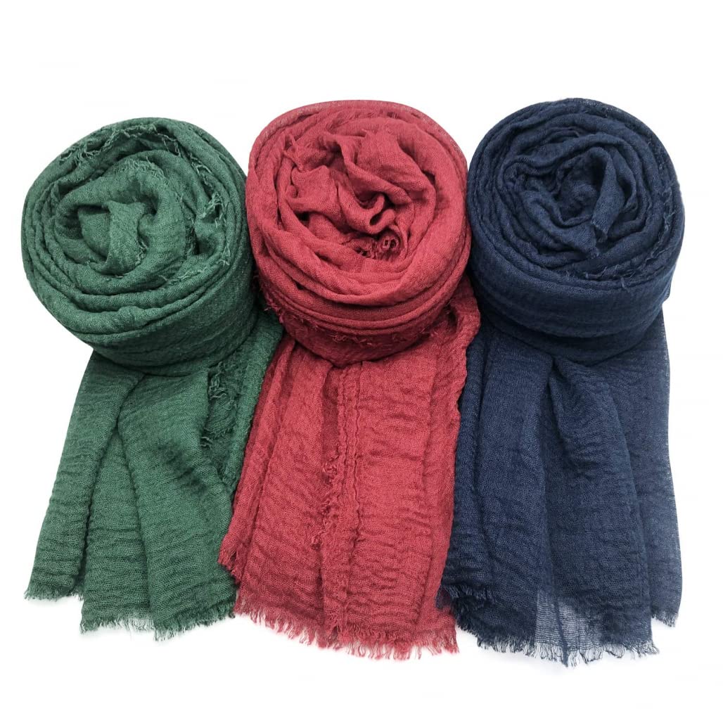 GoodernGoodern 3 Pcs Women Scarf Shawl Women Soft Cotton Crinkle Scarf Wrap for All Season Long Scarf Wrap Fringe Shawl in Solid Colors Fashion Big Head Scarf Wraps Hijab for Evening Party Dress Wedding-D
