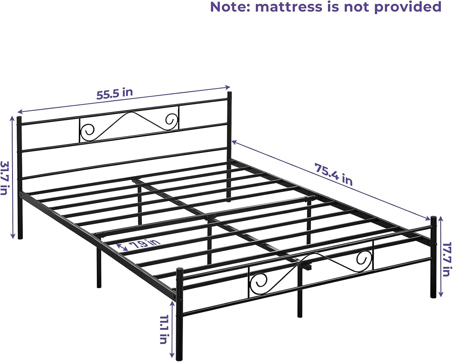 GreenForest Full Bed Frame with Headboard, 12 Inch No Box Spring Needed Metal Bed Platform with Storage Space, Heavy Duty Slats Mattress Foundation, Black