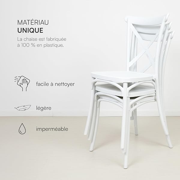 Baroni Home Lot de 4 chaises en Plastique Blanc Empilables pour Cousine, Salon, Salle à Manger, Extérieur, sans Montage, Faciles à Nettoyer et avec Patins Antidérapants, 44x44x82 cm, Dossier Tressé - 4