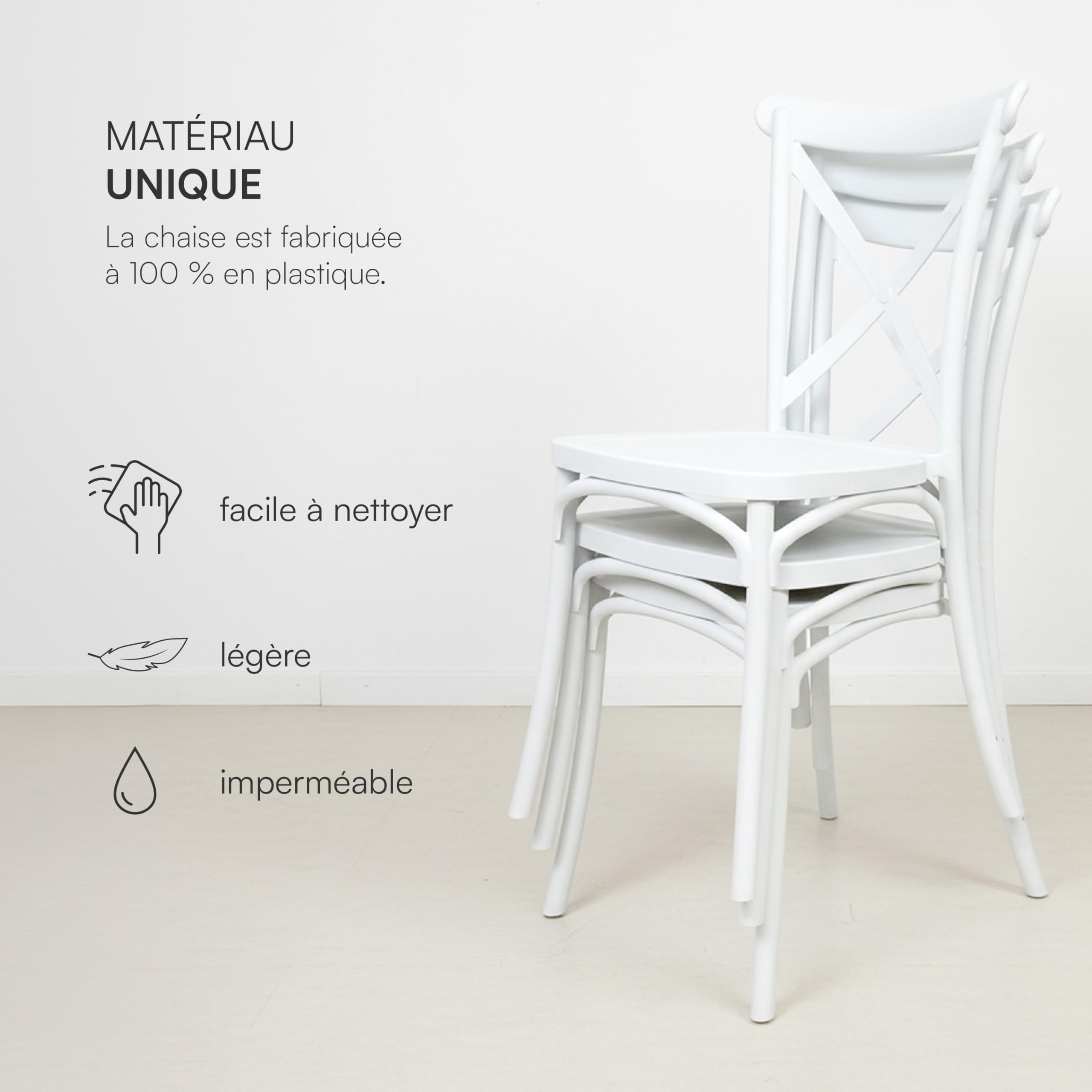 Baroni Home Lot de 4 chaises en Plastique Blanc Empilables pour Cousine, Salon, Salle à Manger, Extérieur, sans Montage, Faciles à Nettoyer et avec Patins Antidérapants, 44x44x82 cm, Dossier Tressé - 4