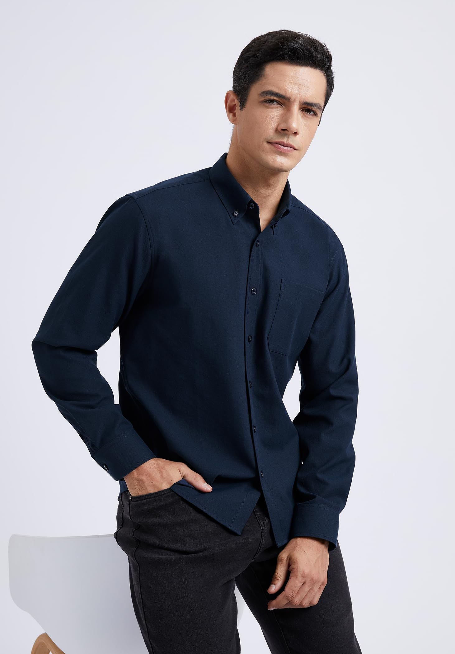 HISDERN Camicia da Uomo Oxford a Maniche Lunghe Casual Cotone Camicie con Tasche Regular Fit S-4XL