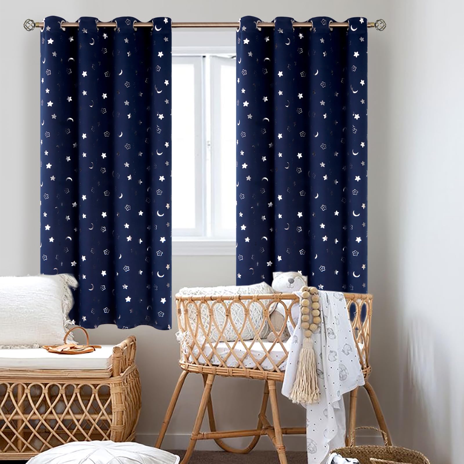 Amazon｜BGment 月と星 遮光カーテン 子供部屋用 52W x 63L ブルー