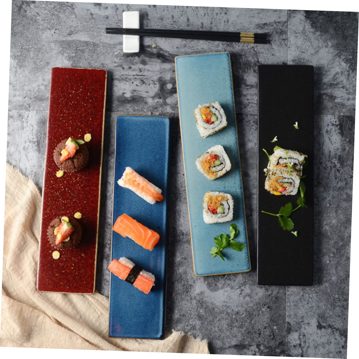 TOPBATHY Assiette à Sushis Bleu Rectangulaire Style Japonerie en Céramique | Format Créatif, Usage Hôtels et Restaurants, Plat de Présentation pour Sashimi et Service de Table